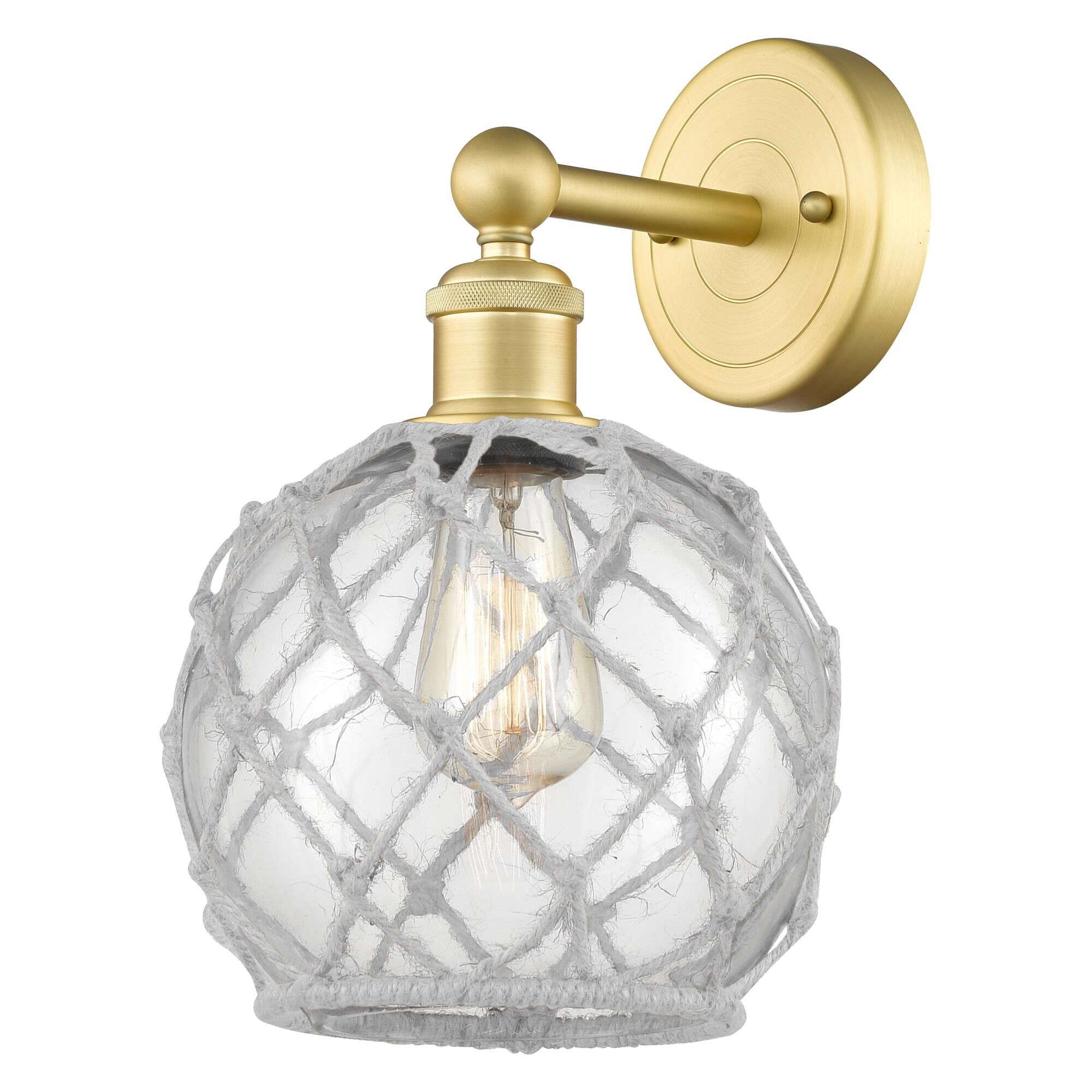 Shown in Satin Gold finish and Clear with White Rope glass