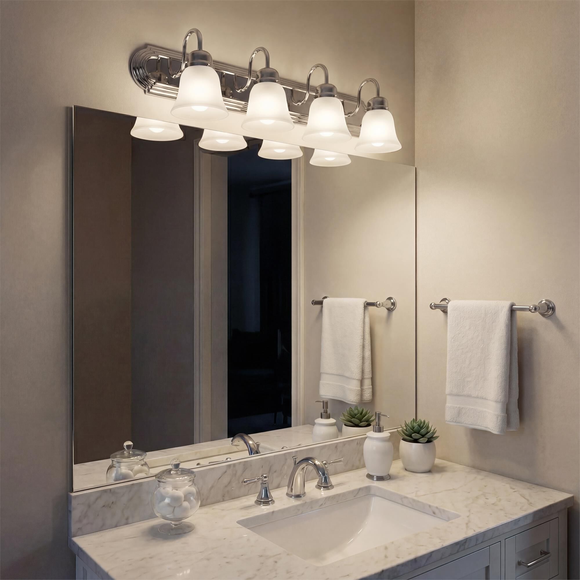 Shown in Chrome finish and Satin Etched glass