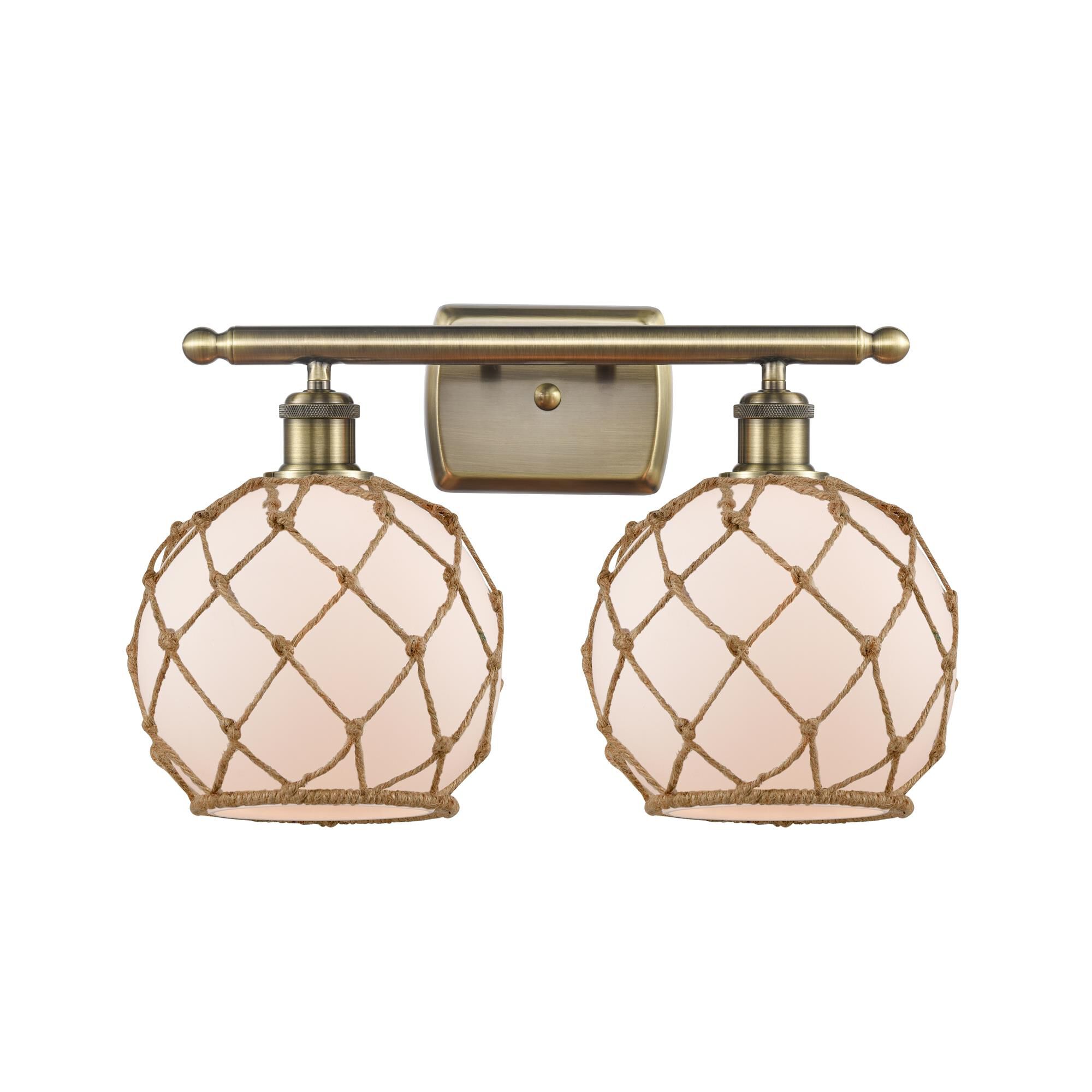 Shown in Antique Brass finish and Sphere glass and Glass And Rope shade