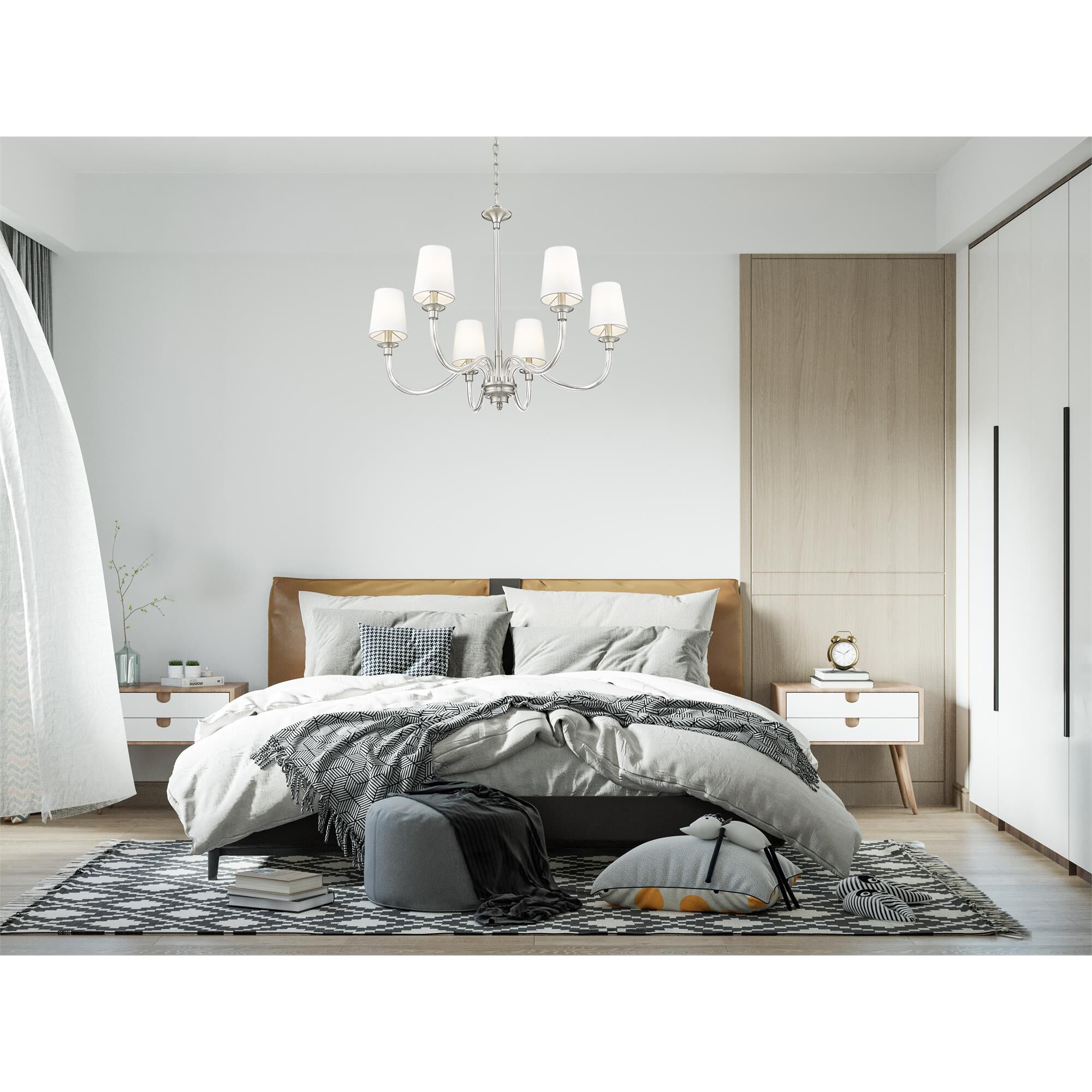 Shown in Brushed Nickel finish and White glass and White shade