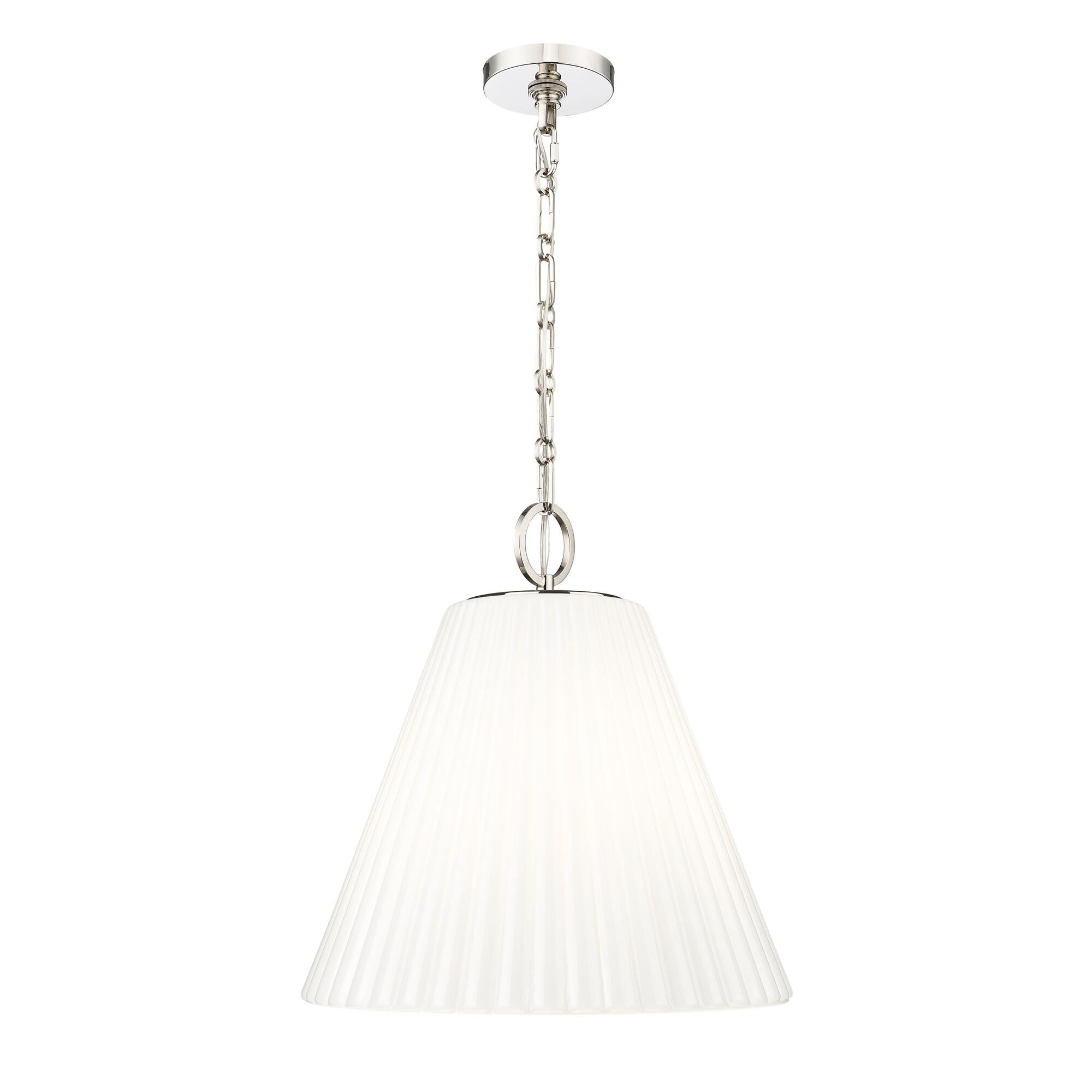 Shown in Polished Nickel finish and White glass and White shade
