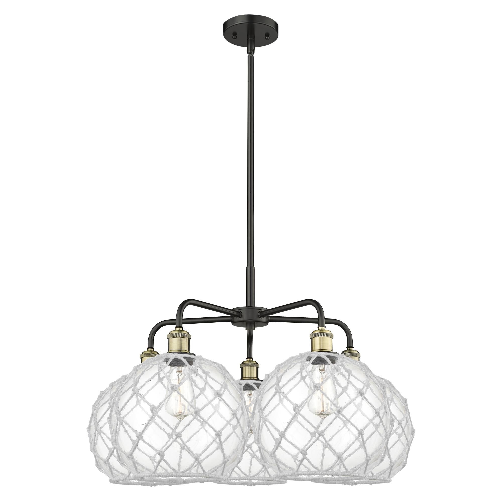 Shown in Black Antique Brass finish and Clear with White Rope glass