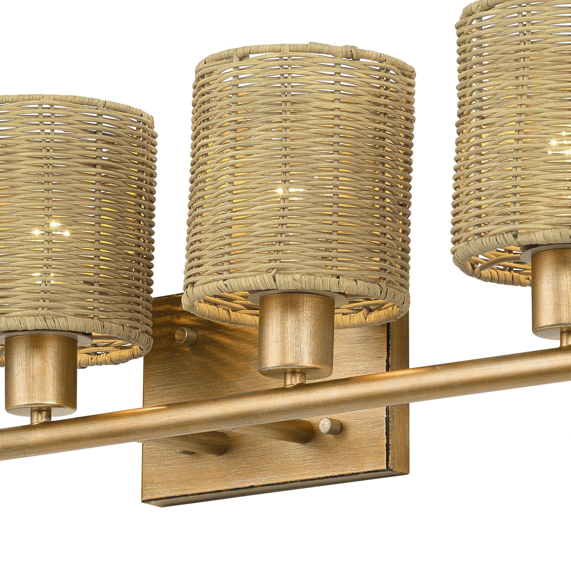 Shown in Antique Gold Leaf finish and Hand-Woven Rustic Walnut Color Rattan shade