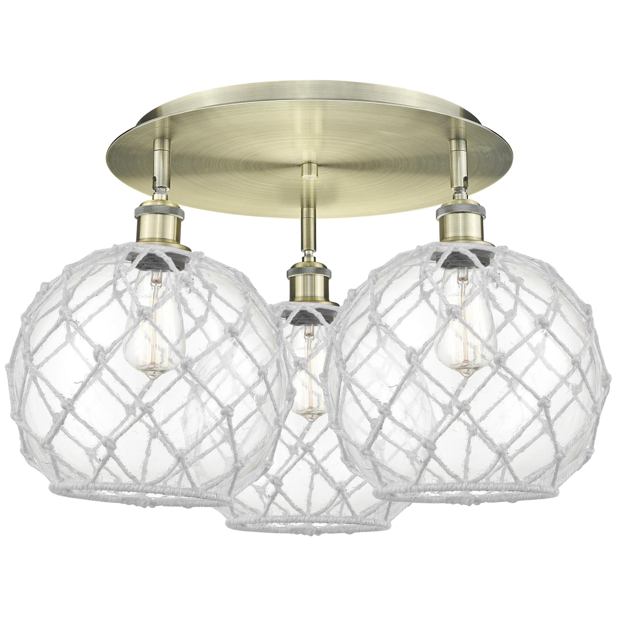 Shown in Antique Brass finish and Clear with White Rope glass