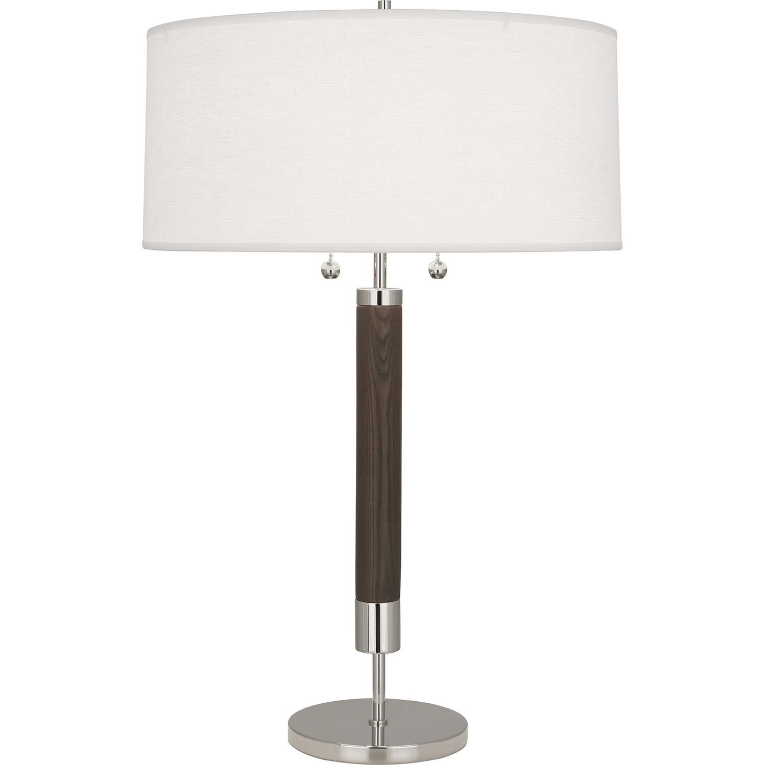 Shown in Polished Nickel with Dark Walnuted Wood finish and Oyster Linen shade
