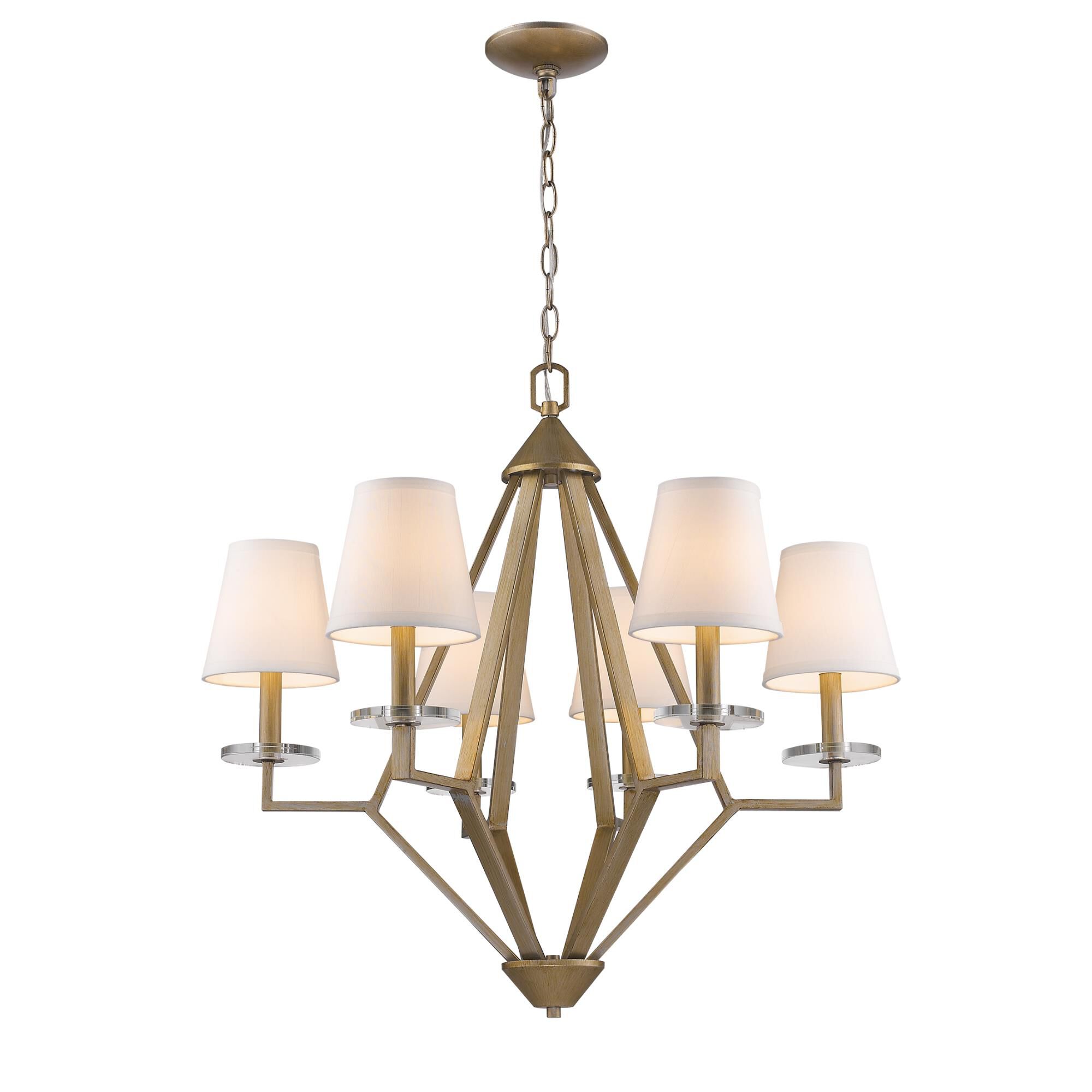 Shown in Washed Gold finish and White glass and White Fabric Tapered Drum s shade