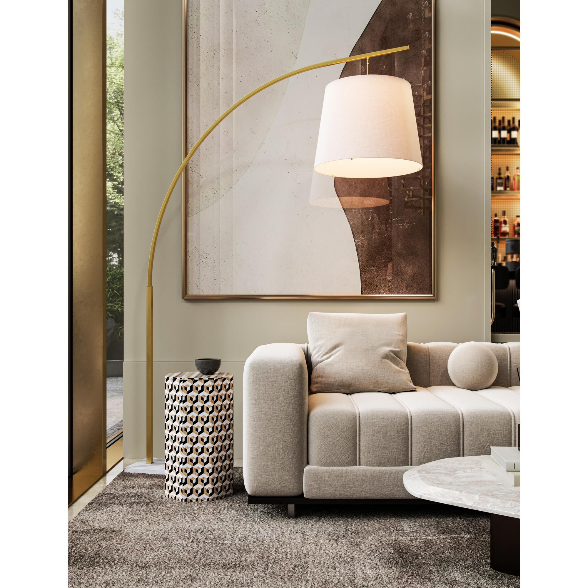 Shown in Antique Brass, White finish and Off White Shantung shade