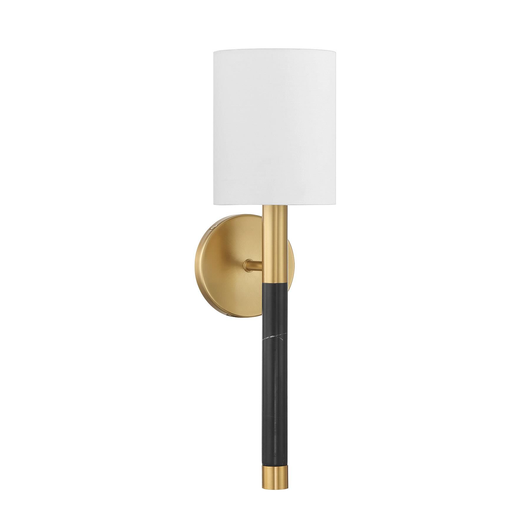 Shown in Warm Brass finish and White Fabric shade and Black Marble accent