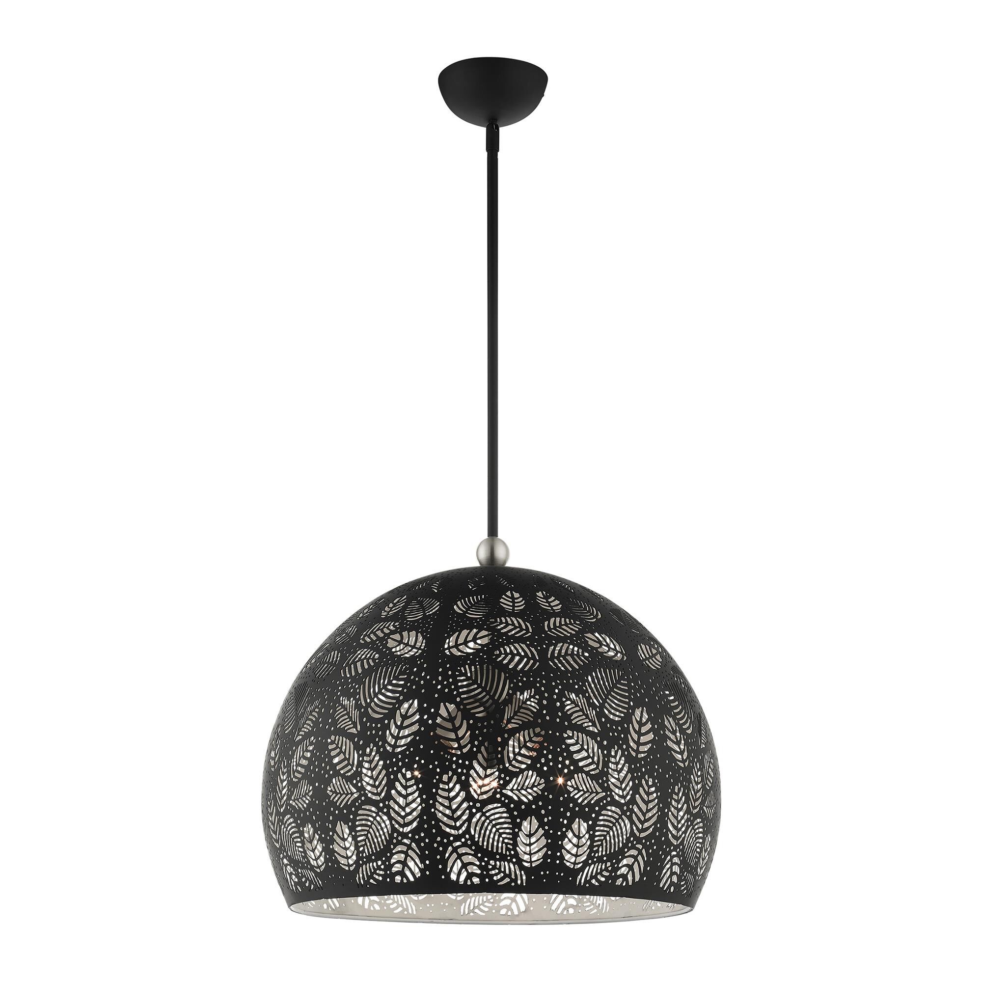 Shown in Black With Brushed Nickel Accents finish and Ornamental Metal Shade/ Black/ White Finish Inside glass and Ornamental Metal / Black/ White Finish Inside shade