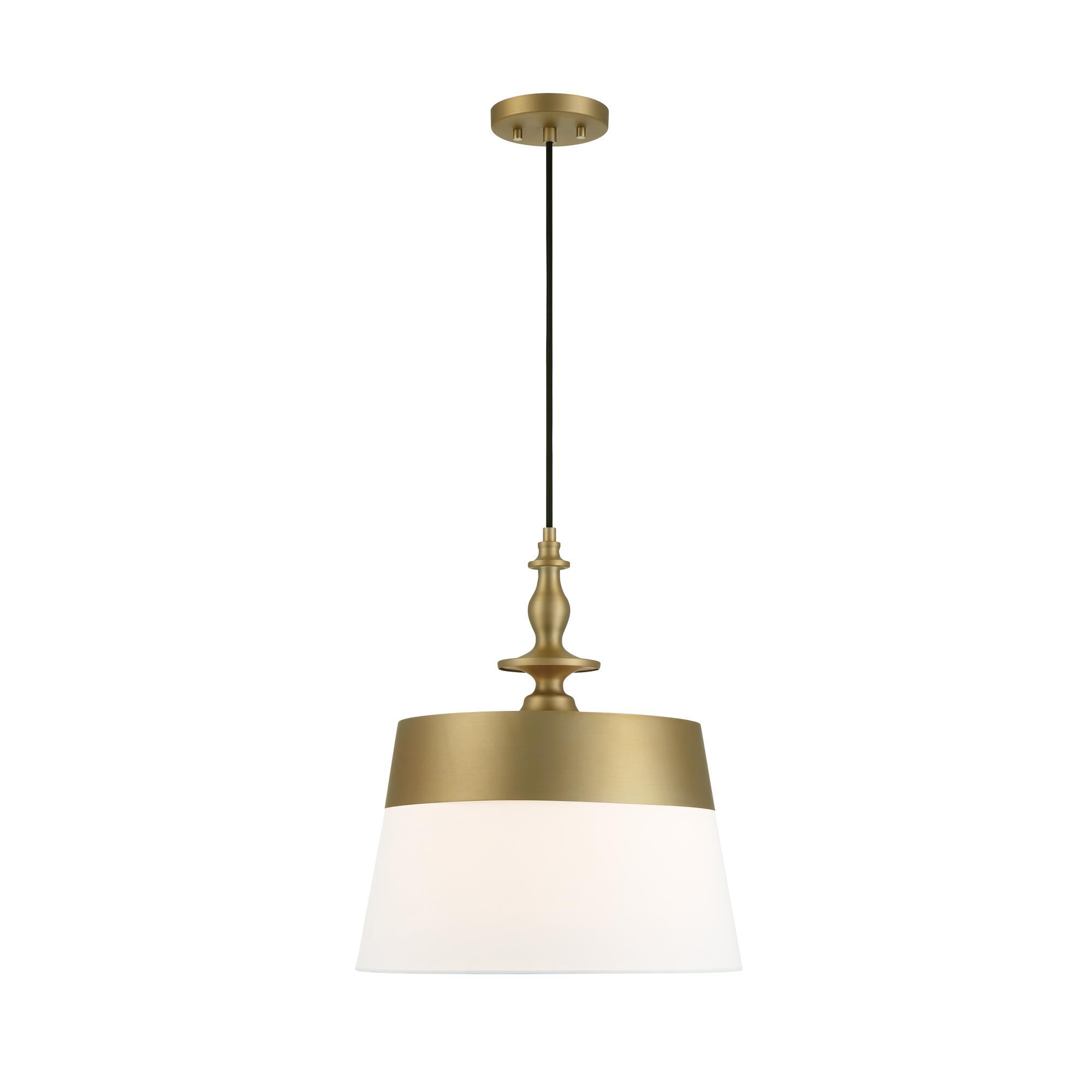 Shown in Brushed Gold finish and White Fabric  shade