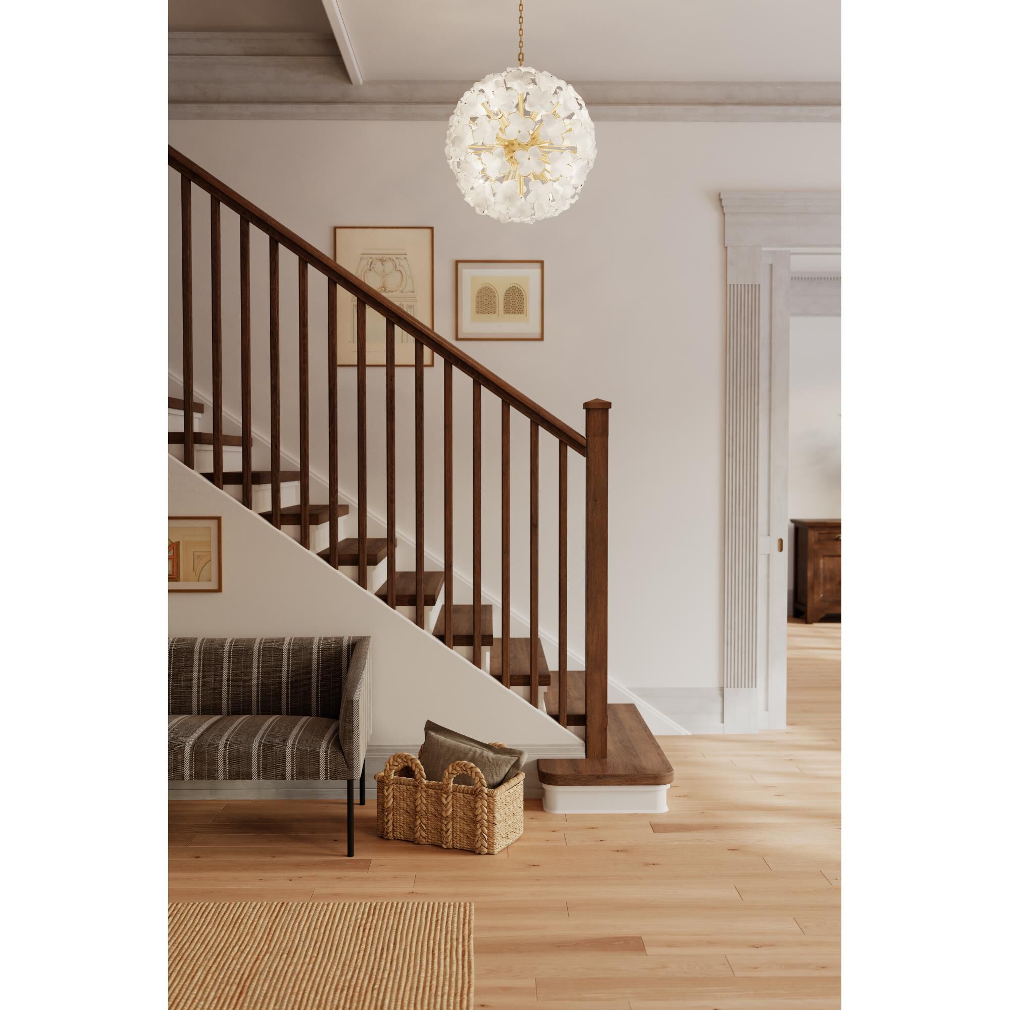 Shown in Legacy Brass finish and White Swirl glass