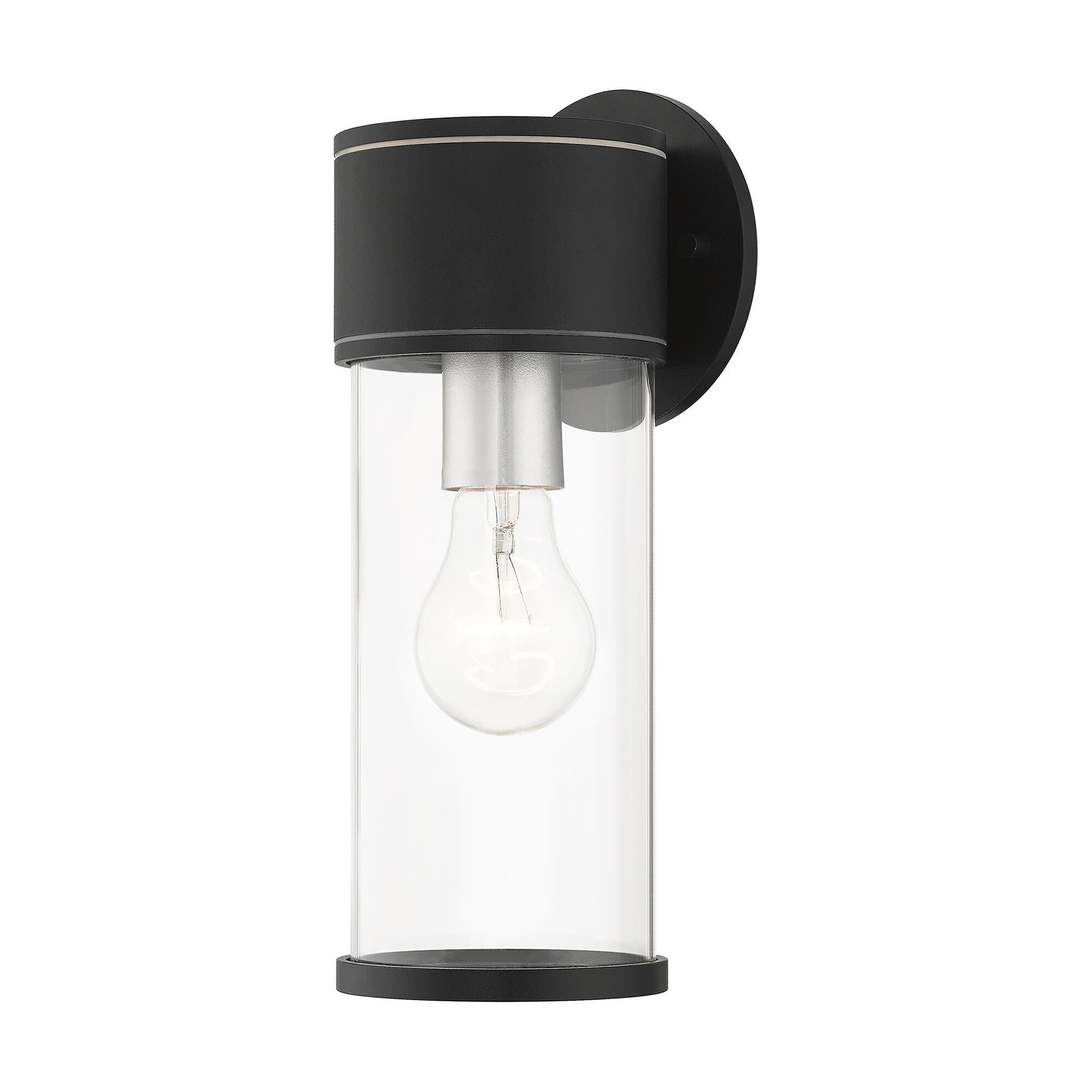 Shown in Textured Black With Antique Silver Accents finish and Clear glass