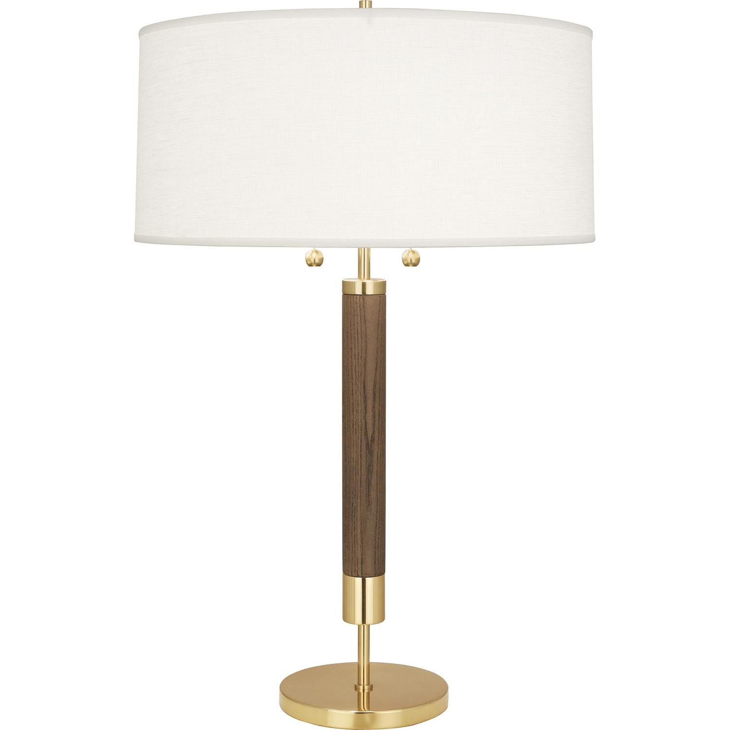 Shown in Modern Brass with Walnuted Wood finish and Oyster Linen shade