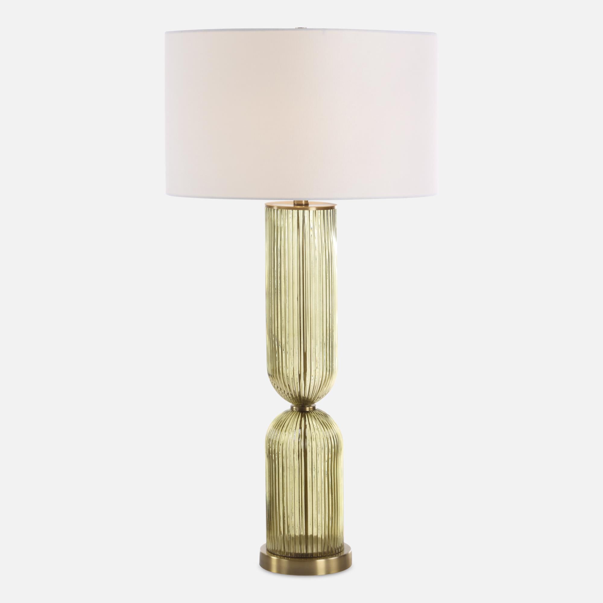 Shown in Brass, Broze, Brown, Gold and Green finish and Round Hardback shade