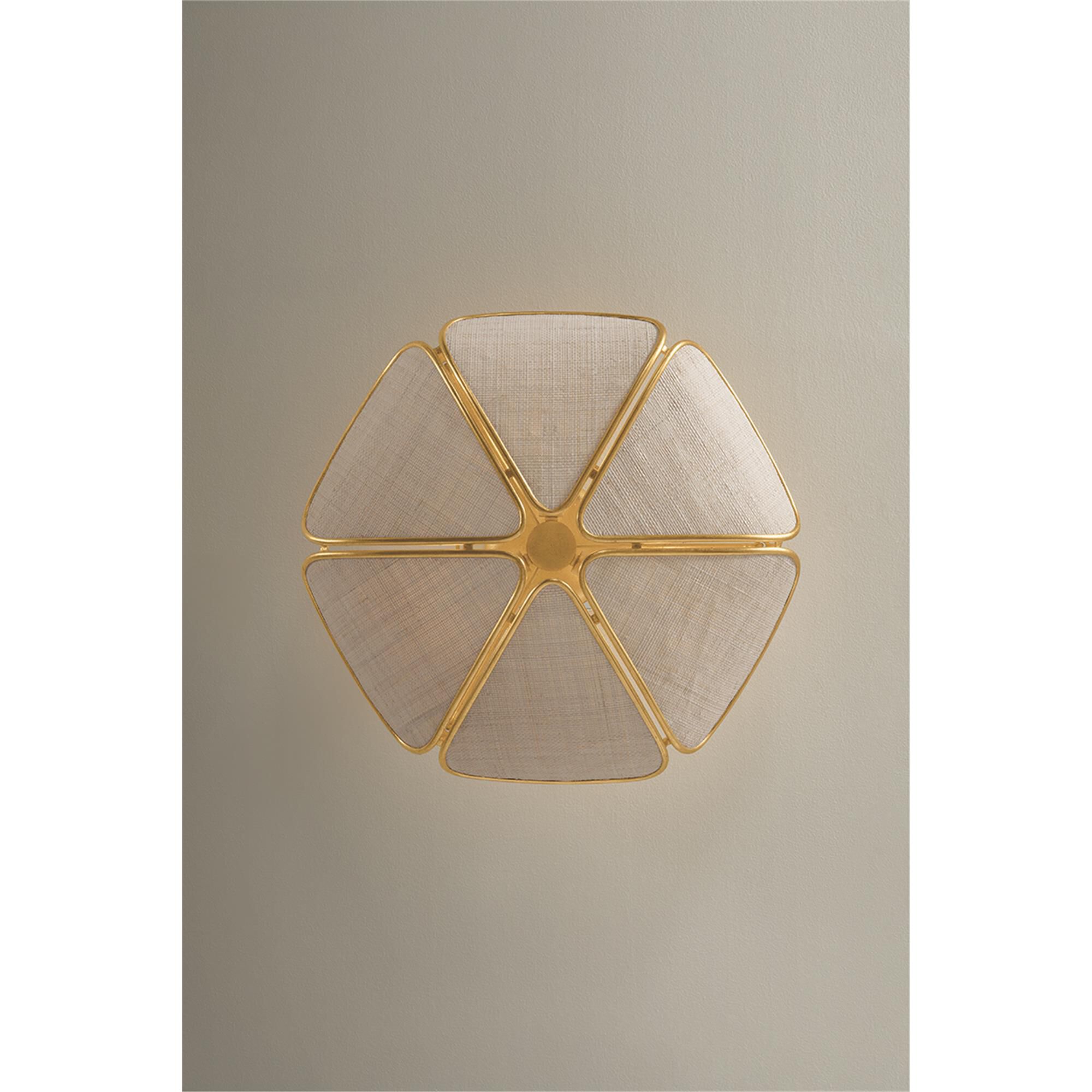 Shown in Vintage Gold Leaf finish and Natural Woven Saguran shade