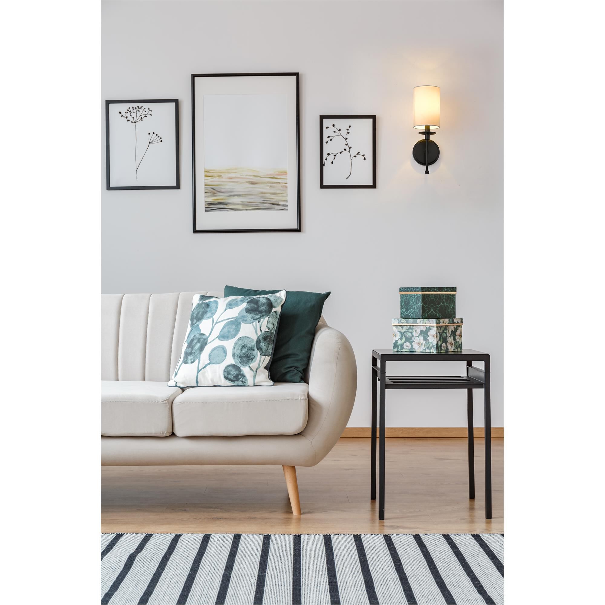 Shown in Matte Black finish and Fabric glass and Fabric shade