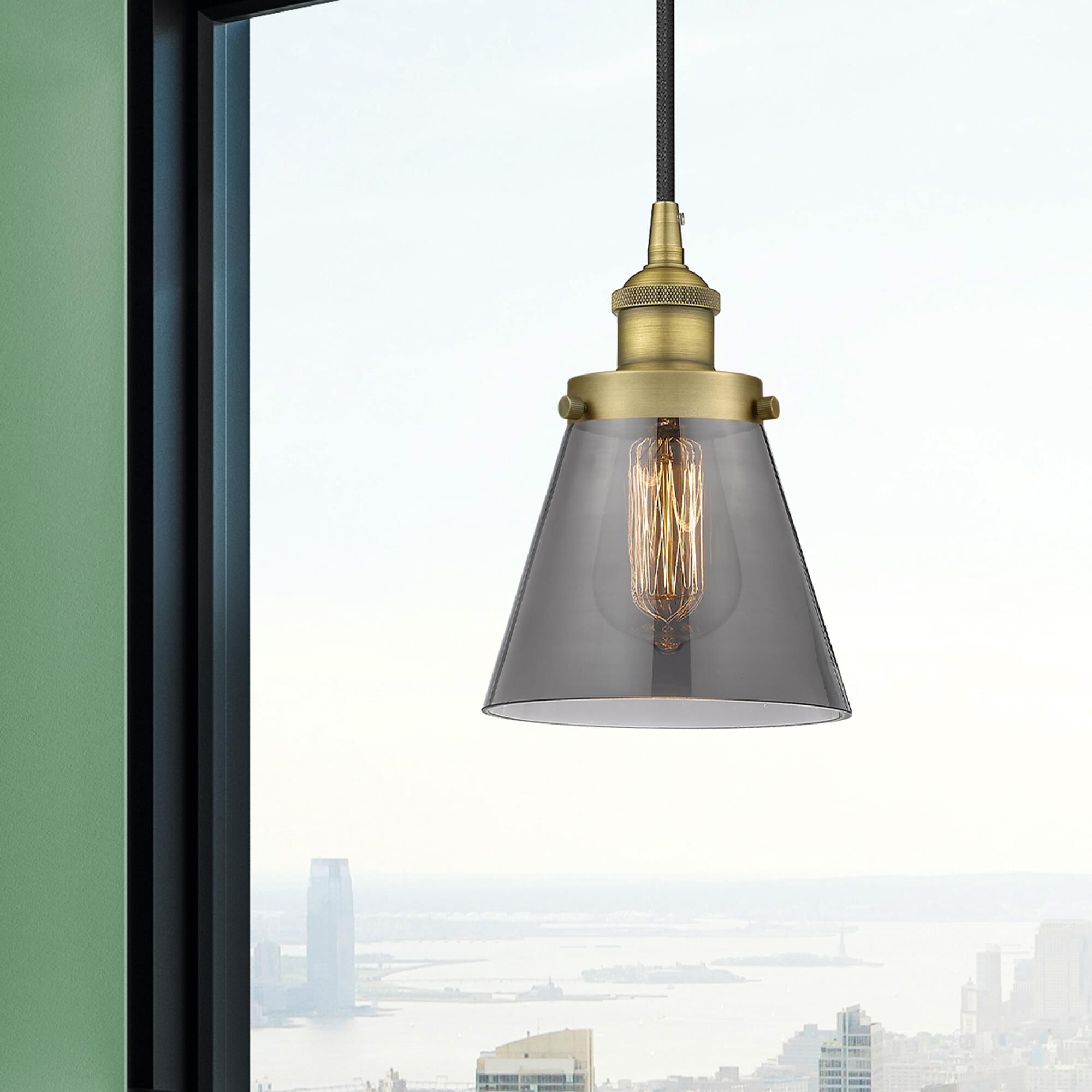 Shown in Brushed Brass finish and Plated Smoke Small Cone glass