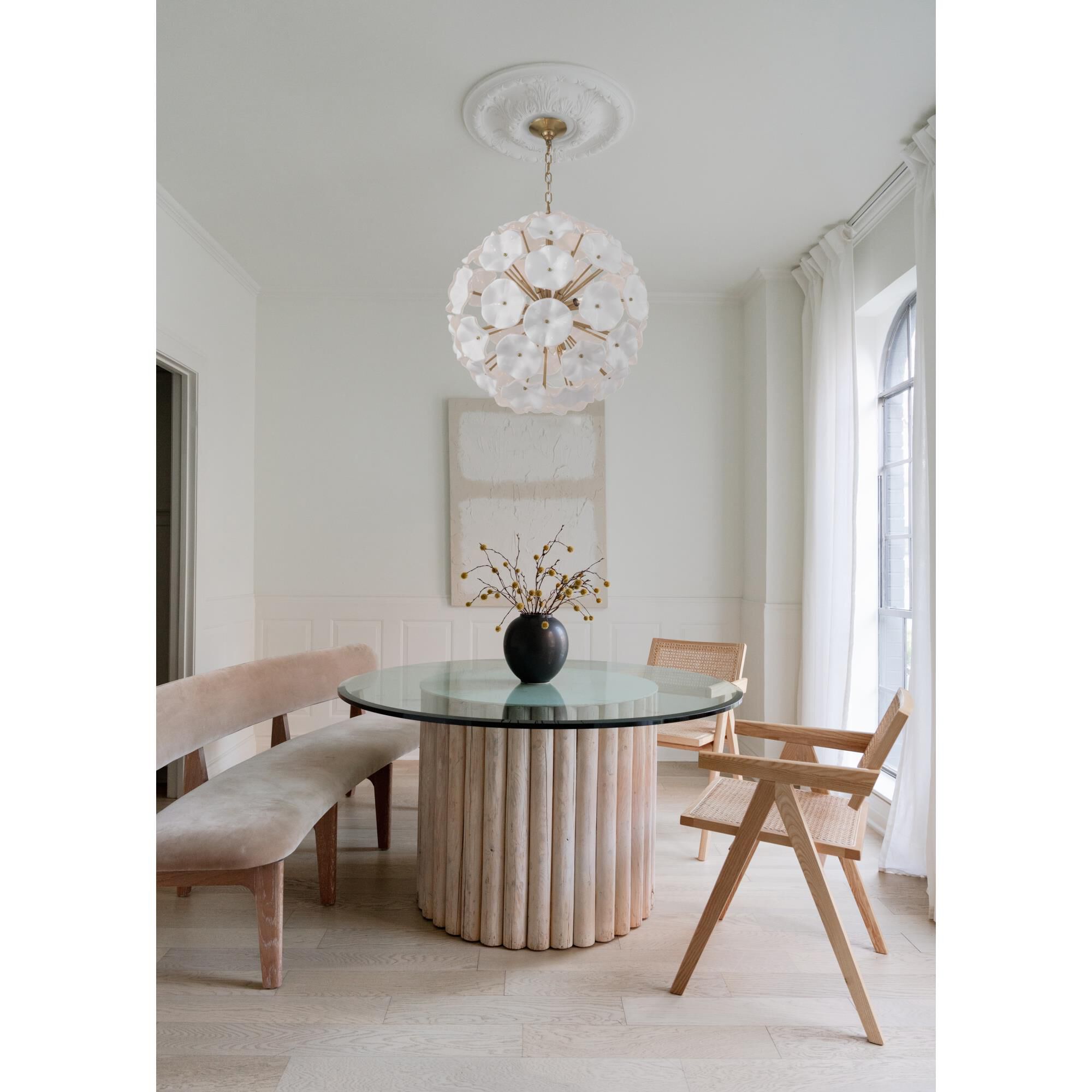 Shown in Aged Brass finish and Floral Petals White glass