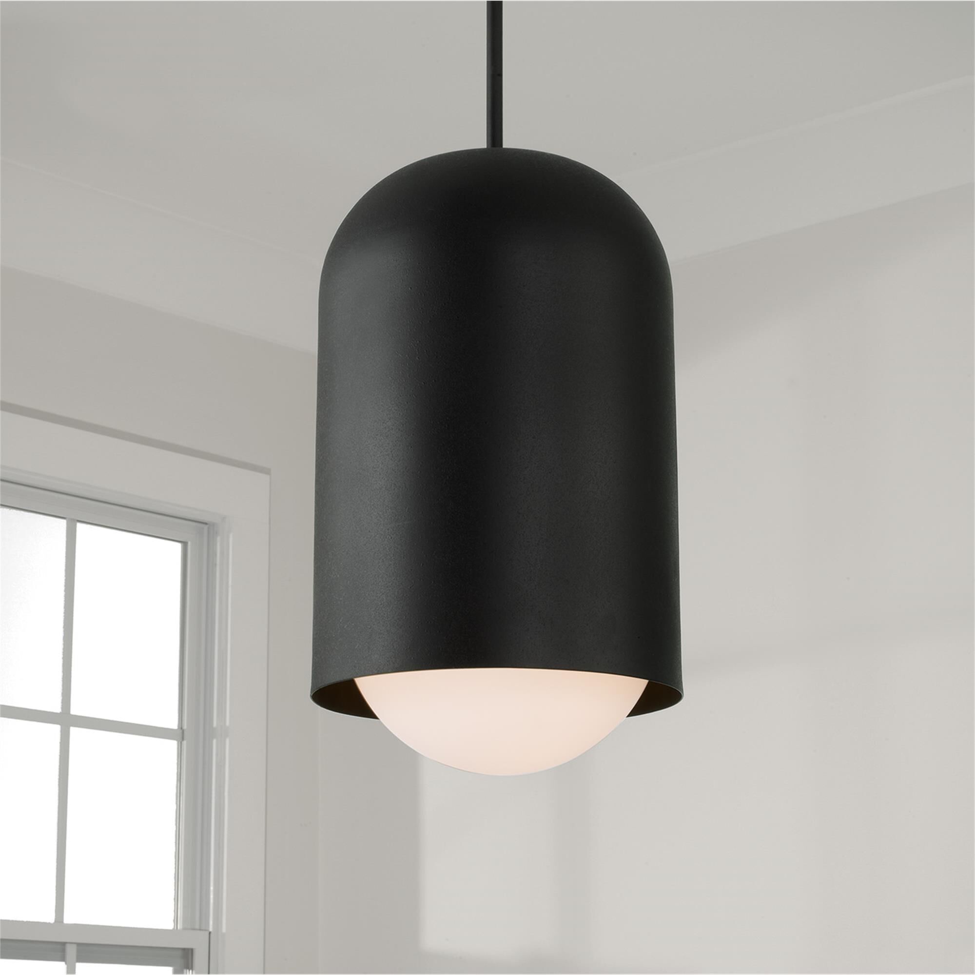 Shown in Black Iron finish and Soft White glass