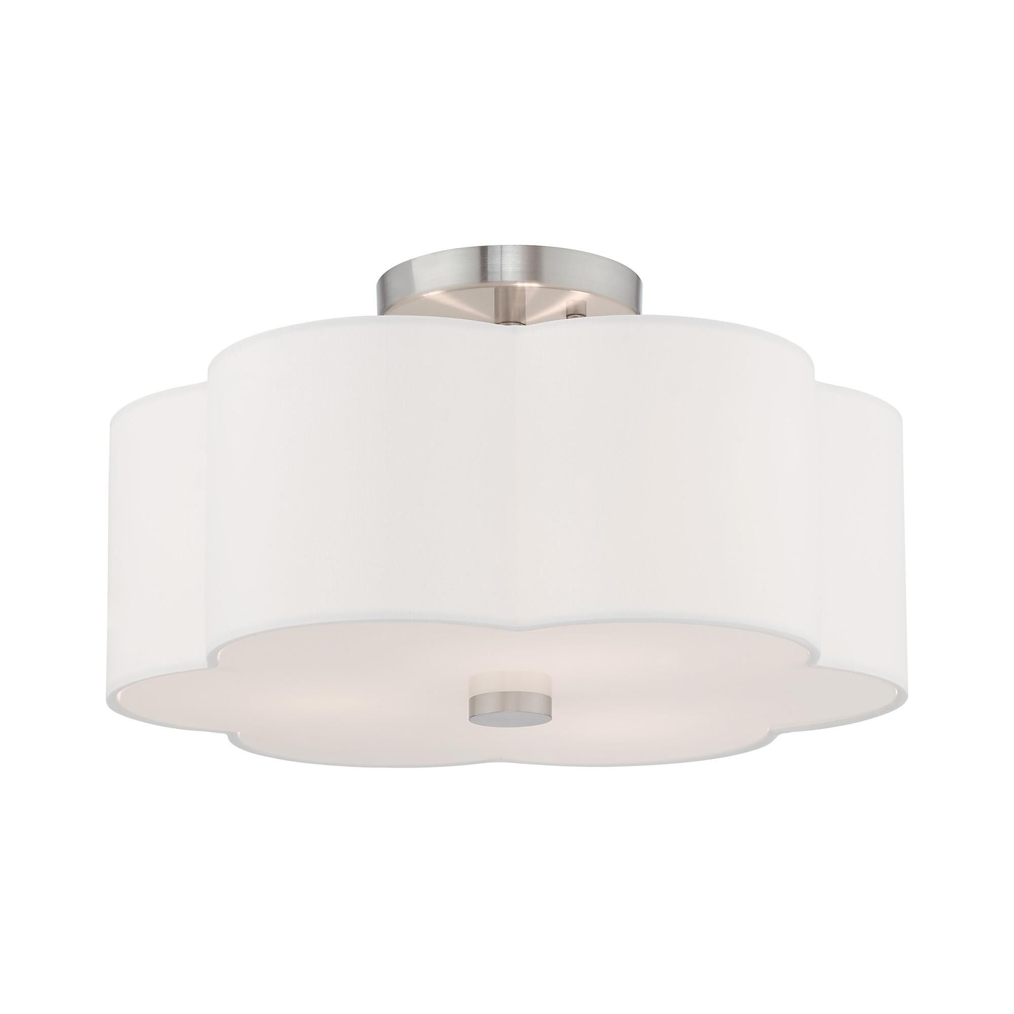 Shown in Brushed Nickel finish and Hand Crafted Off-White Fabric Hardback shade