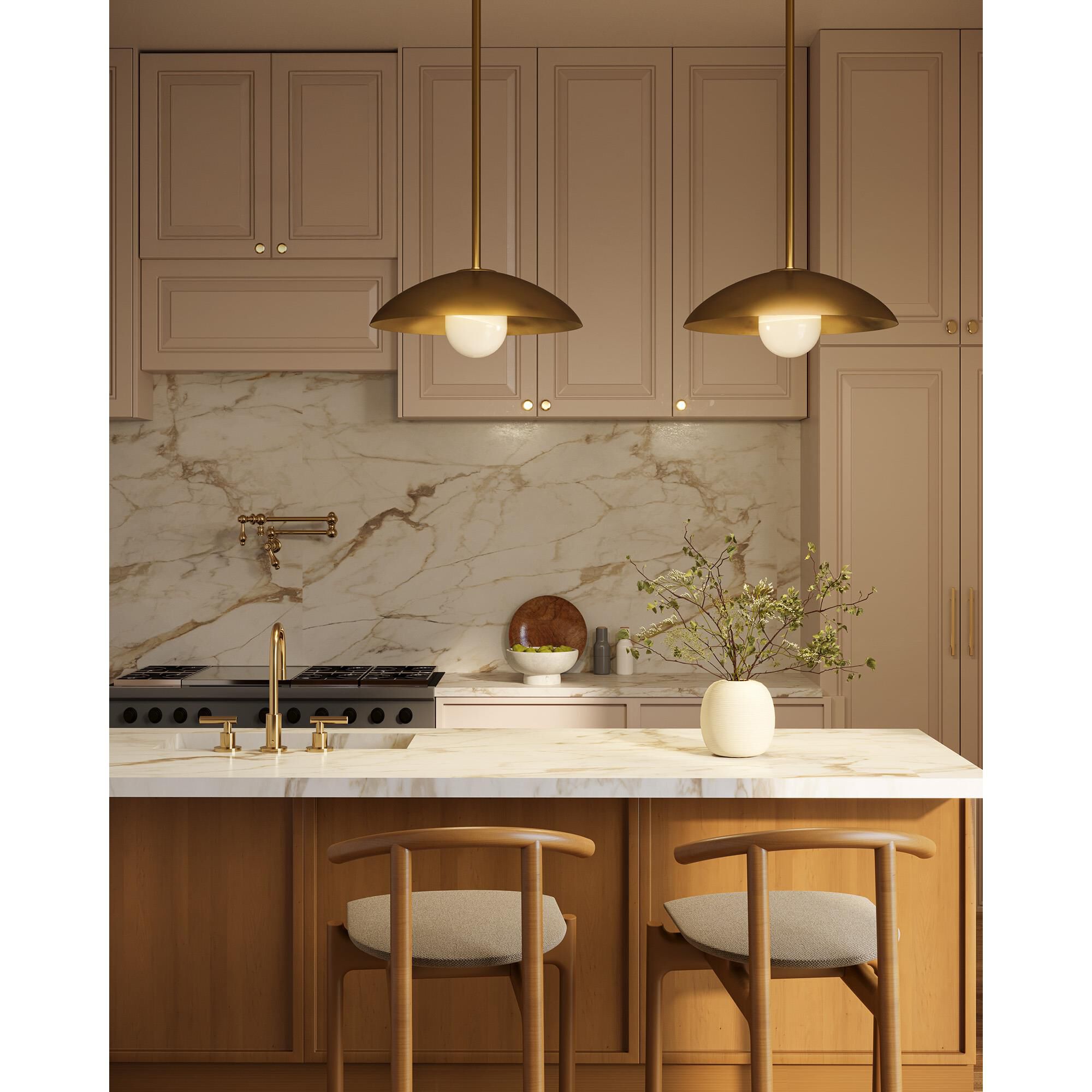 Shown in Vintage Brass finish and Matte Opal glass