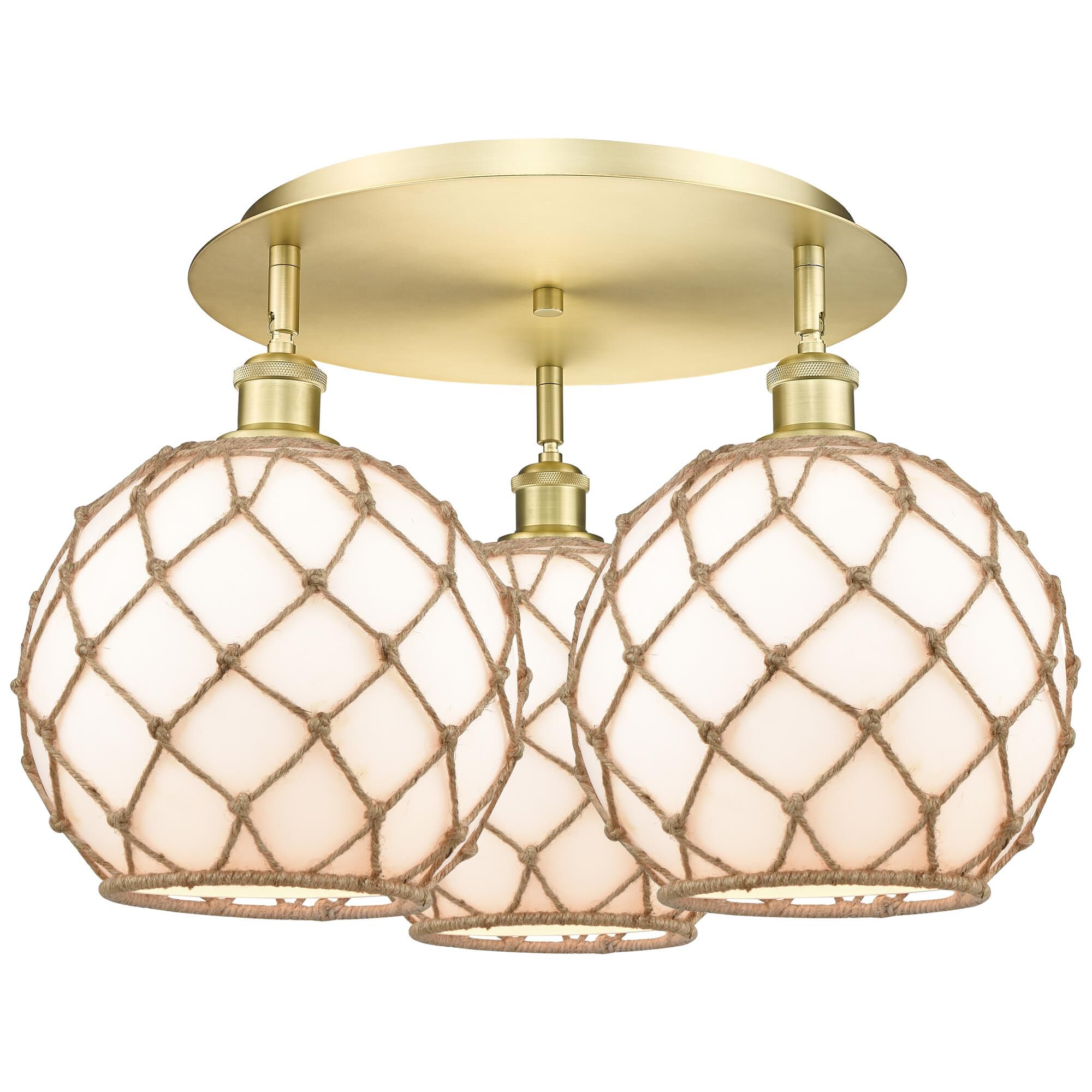 Shown in Satin Gold finish and White with Brown Rope glass