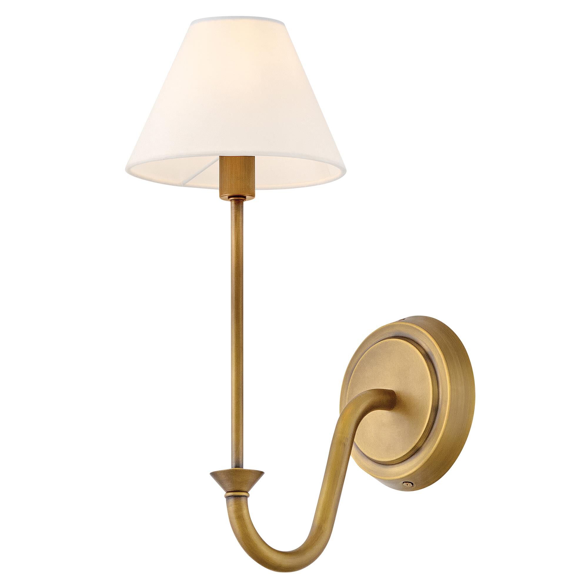 Shown in Heritage Brass finish and Off-White Linen shade