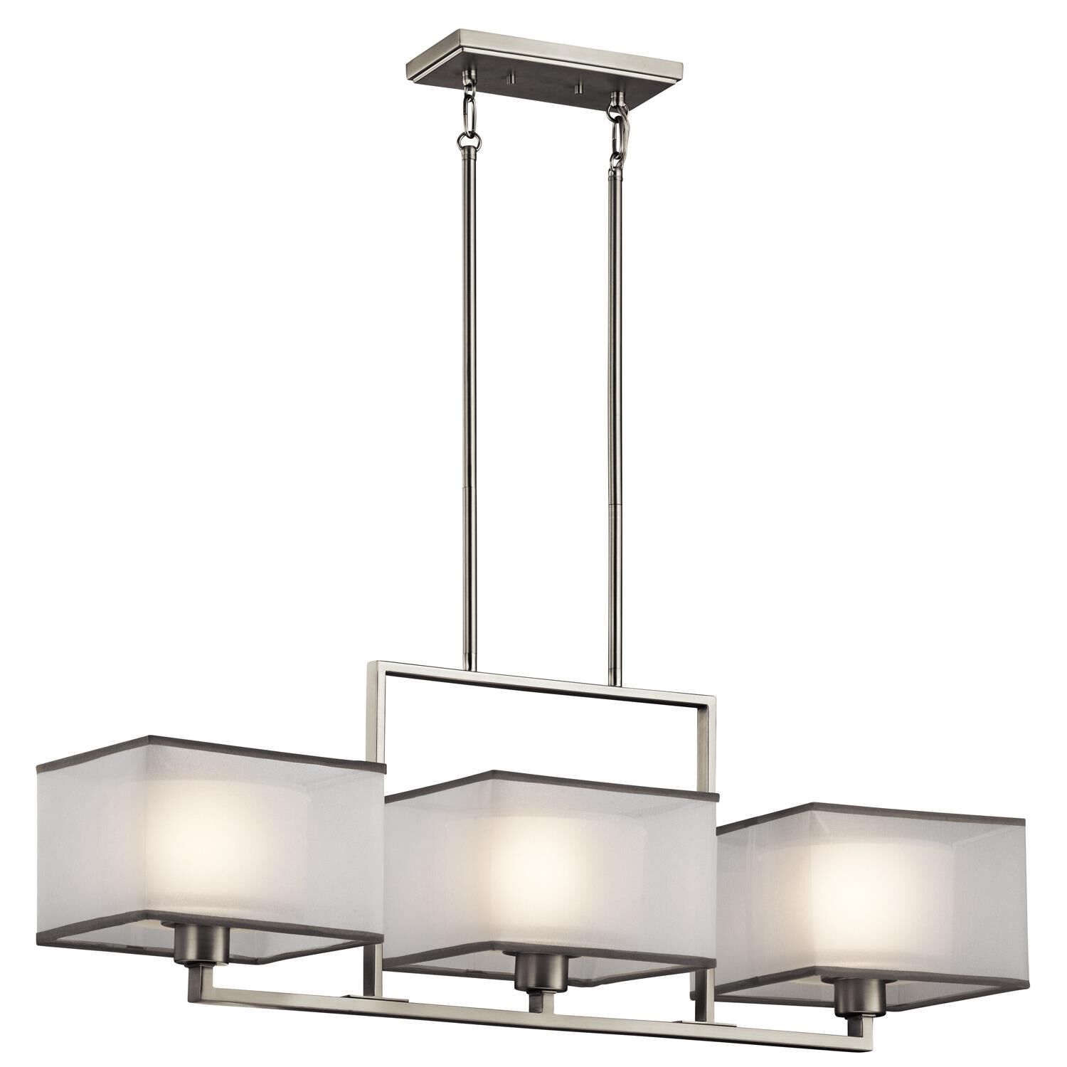 Shown in Brushed Nickel finish and Satin Etched glass and White Organza  With Gray Trim shade