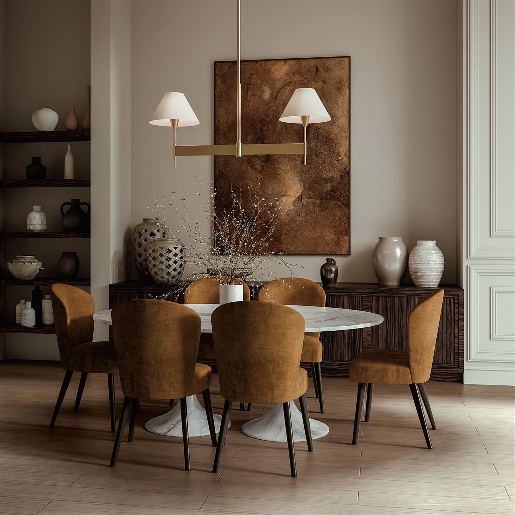 Shown in Aged Brass finish and White Fabric shade