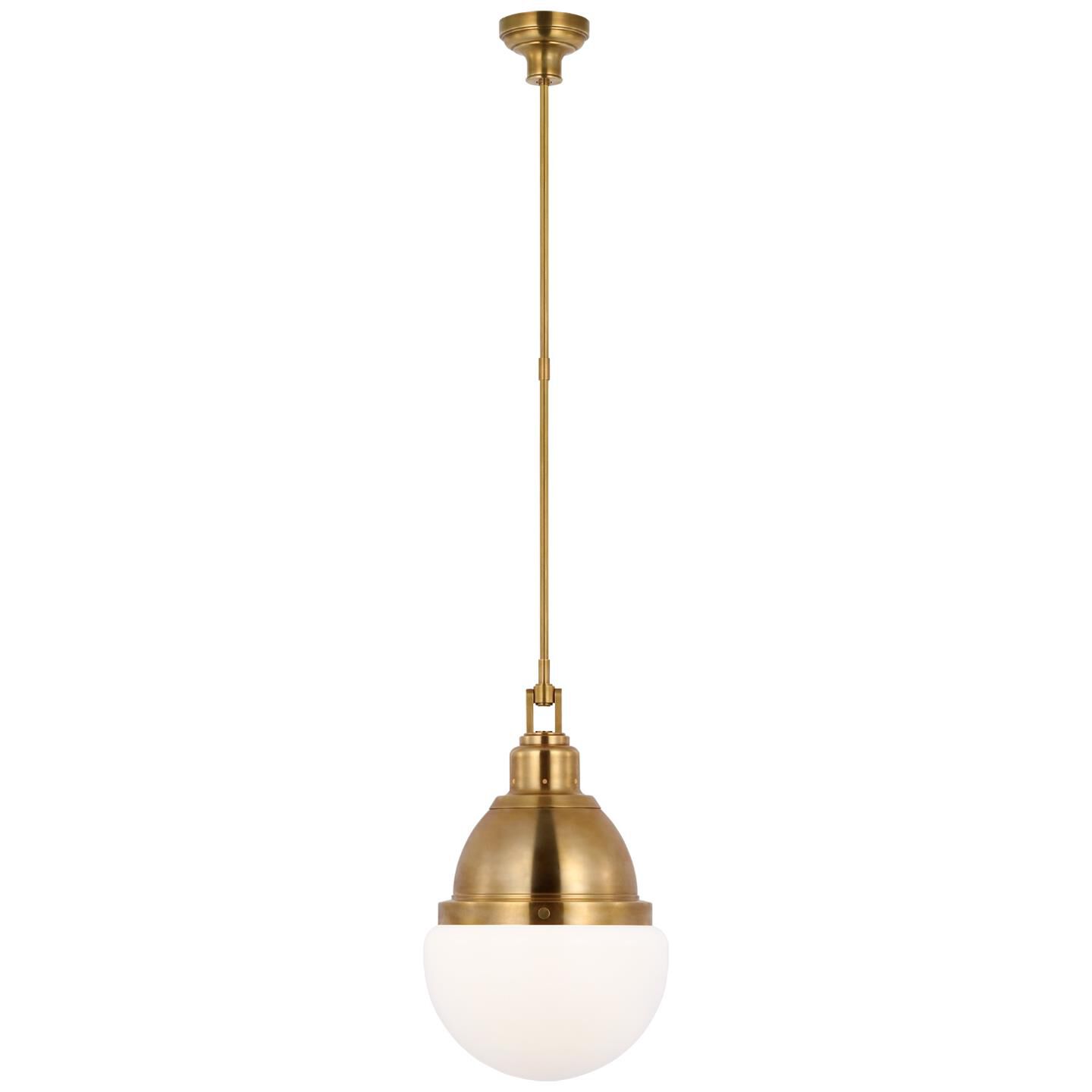 Shown in Hand-Rubbed Antique Brass finish and White glass