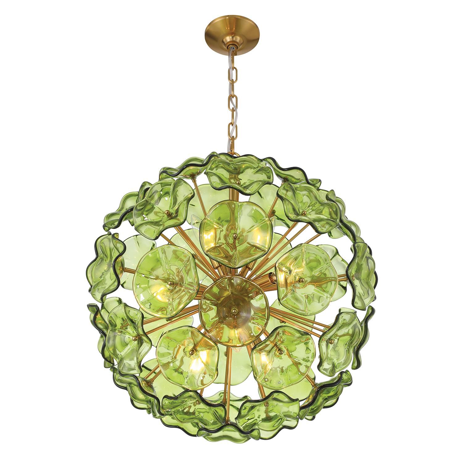 Shown in Aged Brass finish and Floral Petals Green glass