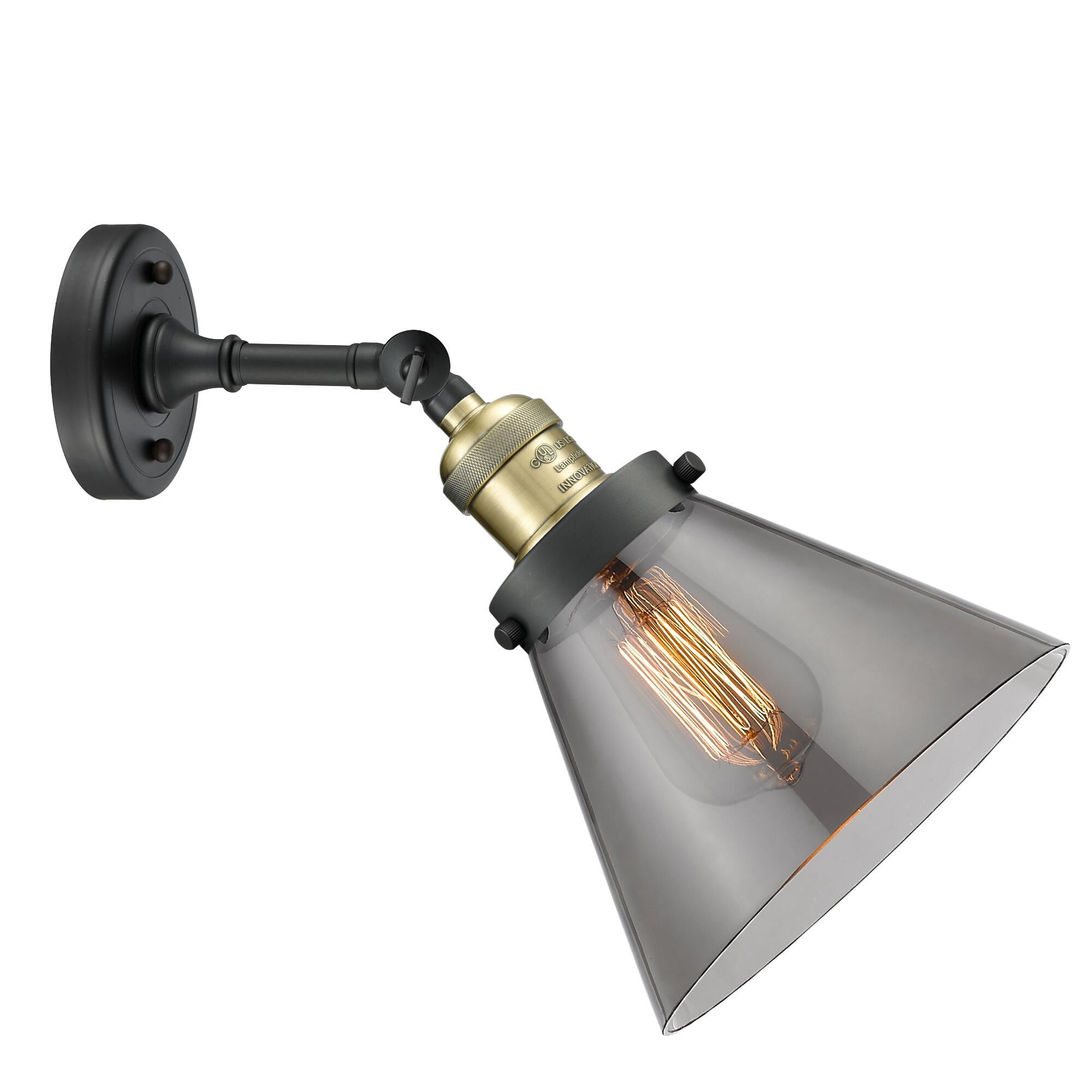 Shown in Black Antique Brass finish and Smoked glass and Brushed Satin Nickel shade and No Accent accent