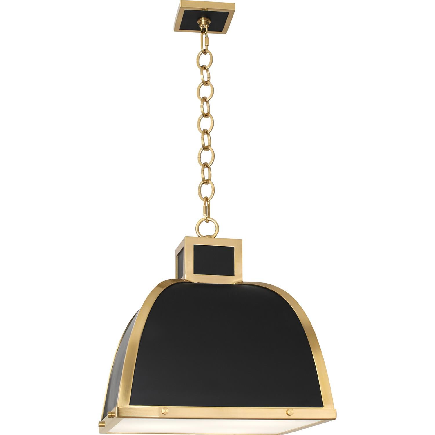 Shown in Matte Black Painted  With Modern Brass Accents finish and Square Printed White Glass Diffuser shade
