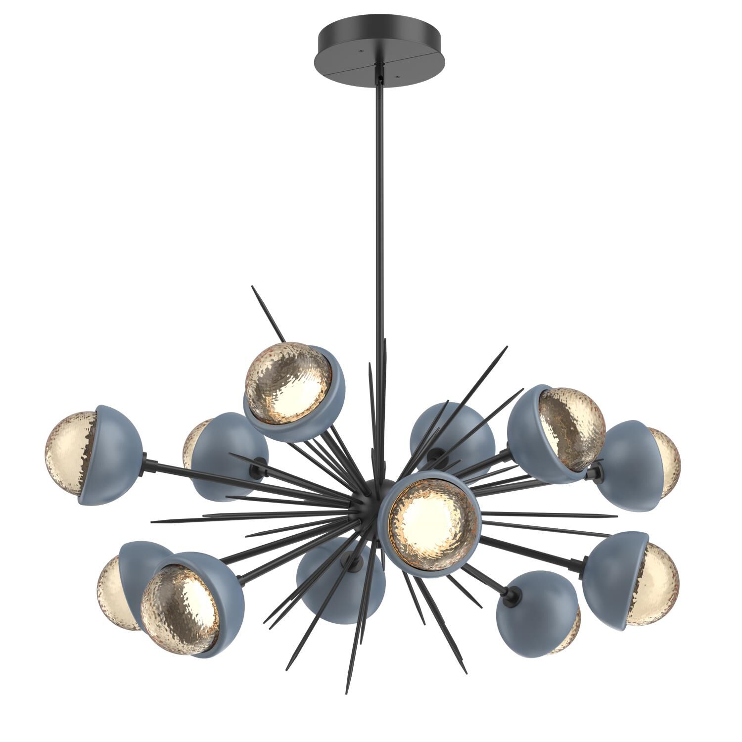 Shown in Matte Black finish and Amber glass and Poppy Blue accent