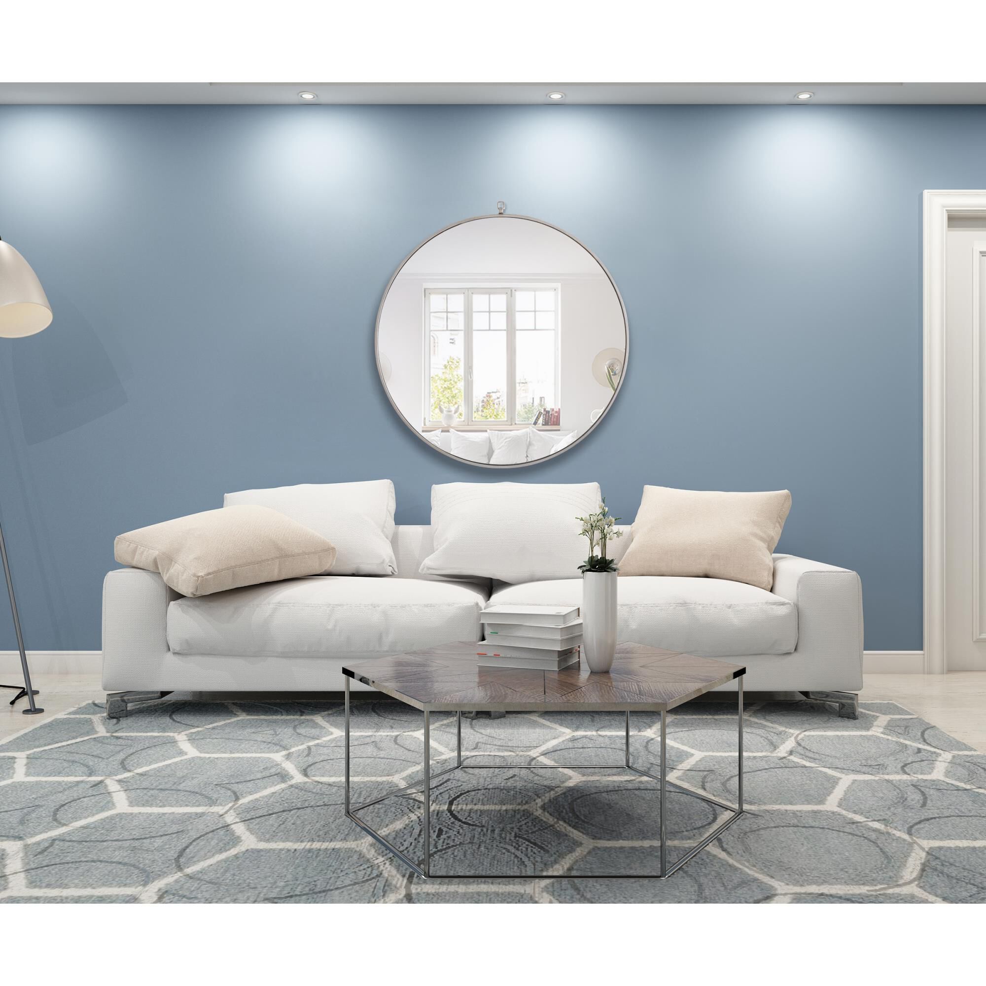 Shown in Silver finish and Clear Mirror Beveled glass