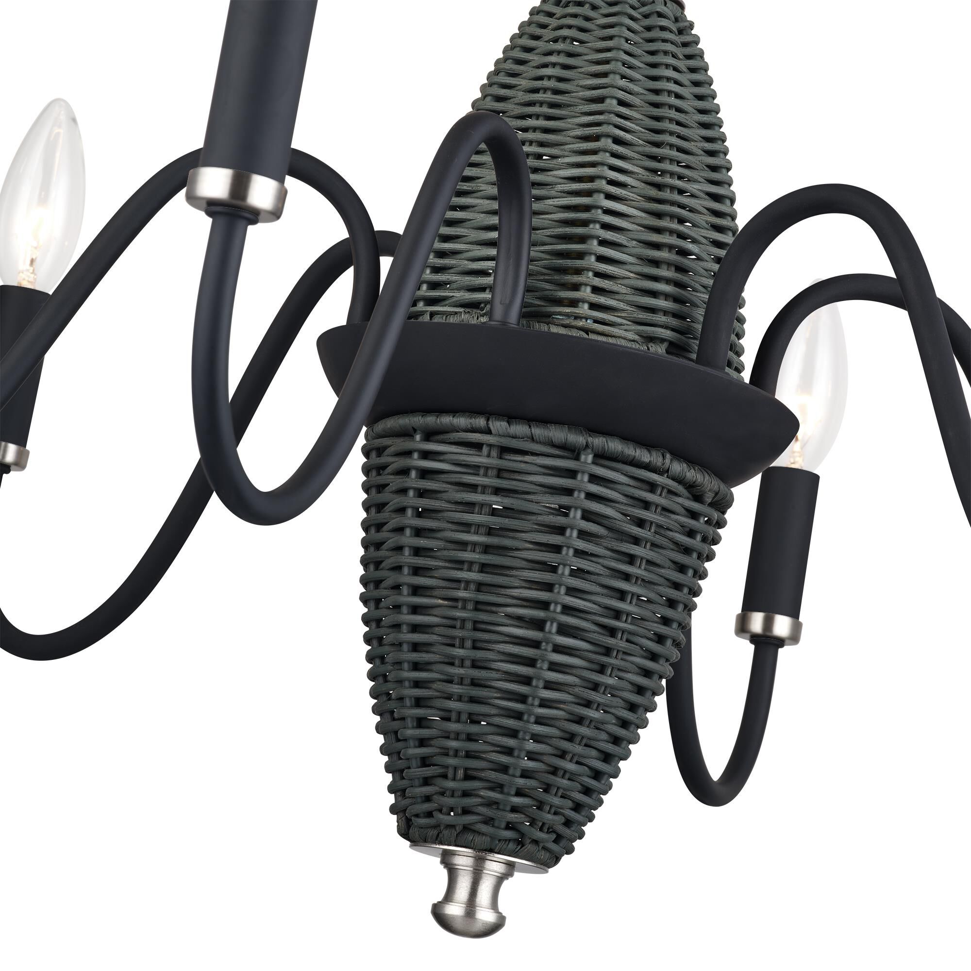 Shown in Black with Brushed Nickel Accents finish and Hand-Woven Charred Gray Color Rattan Column shade