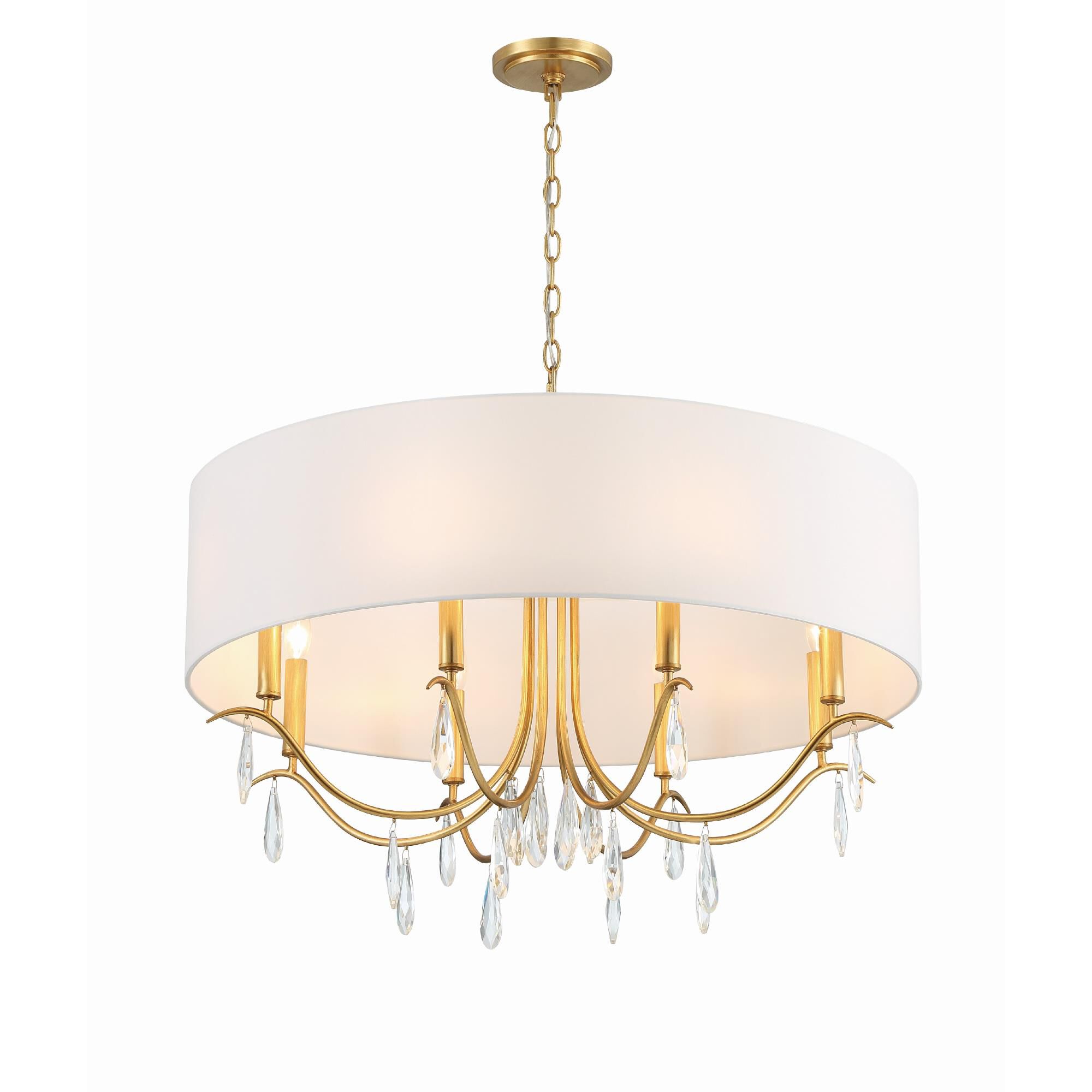 Shown in Antique Gold finish and Hand Cut crystal and Silk glass and Silk shade