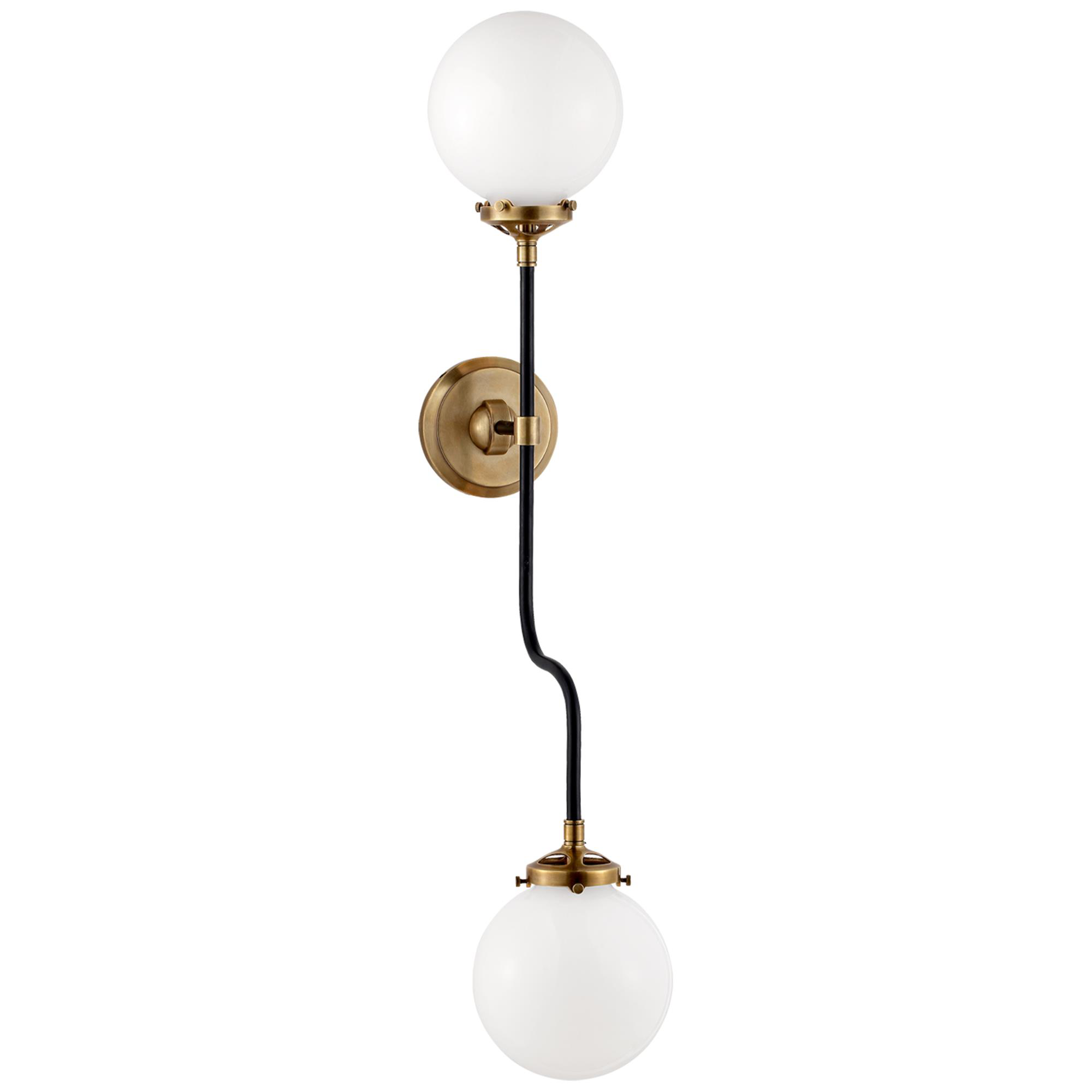 Shown in Hand-Rubbed Antique Brass finish and White glass