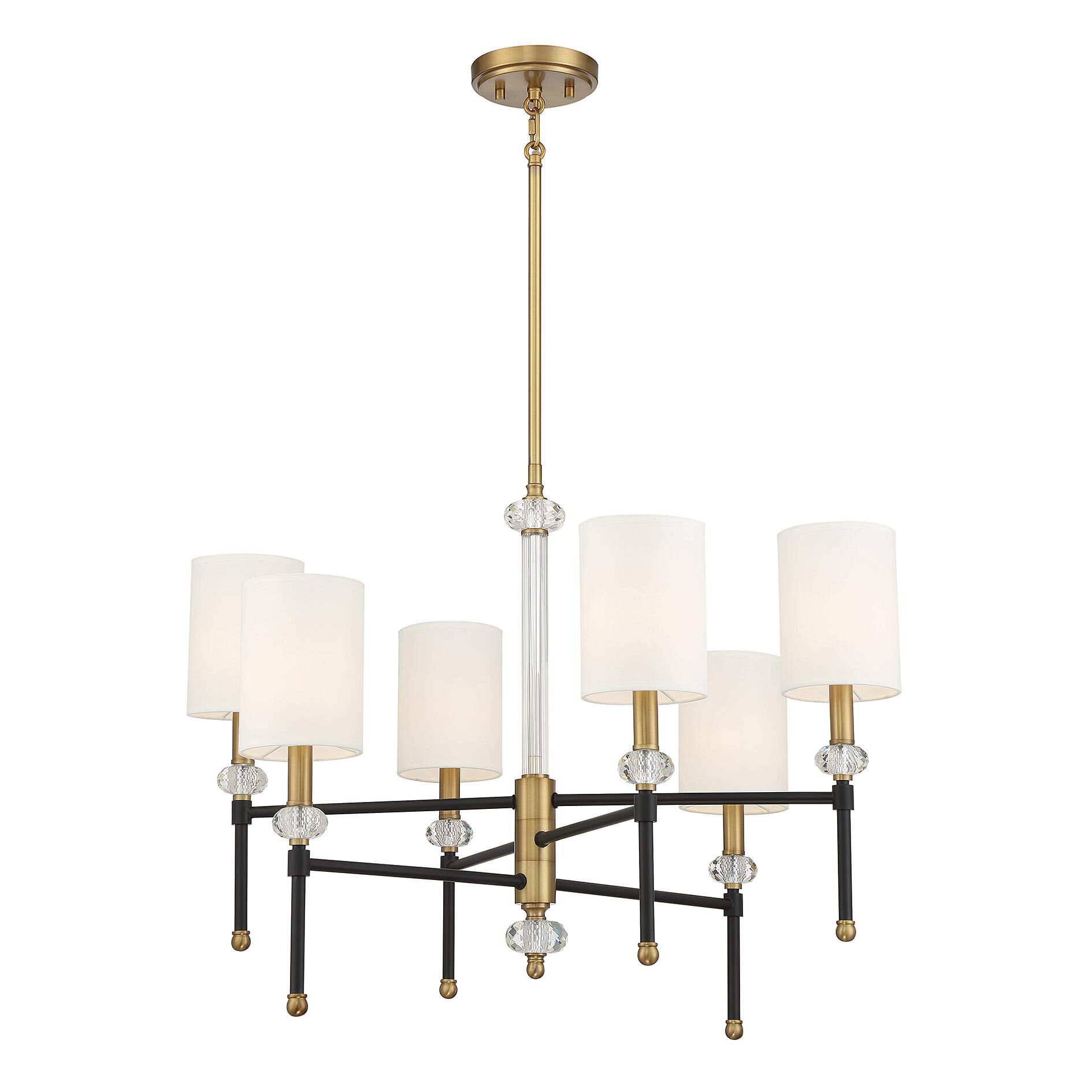 Shown in Matte Black With Warm Brass Accents finish and Clear Accents crystal and White Fabric shade