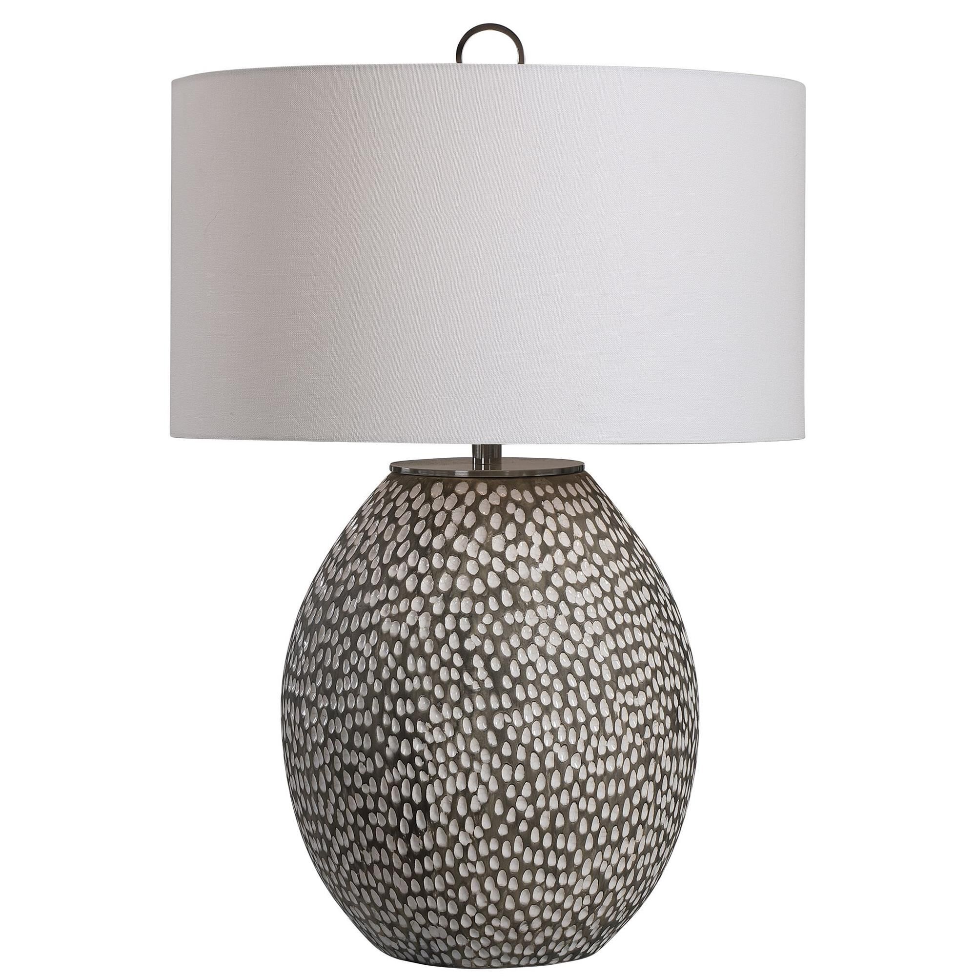 Shown in This Ceramic Table Lamp Features A Heavily Pitted Surface Finished In A Combination Of Brushed Rusti finish and Round Drum Hardback shade