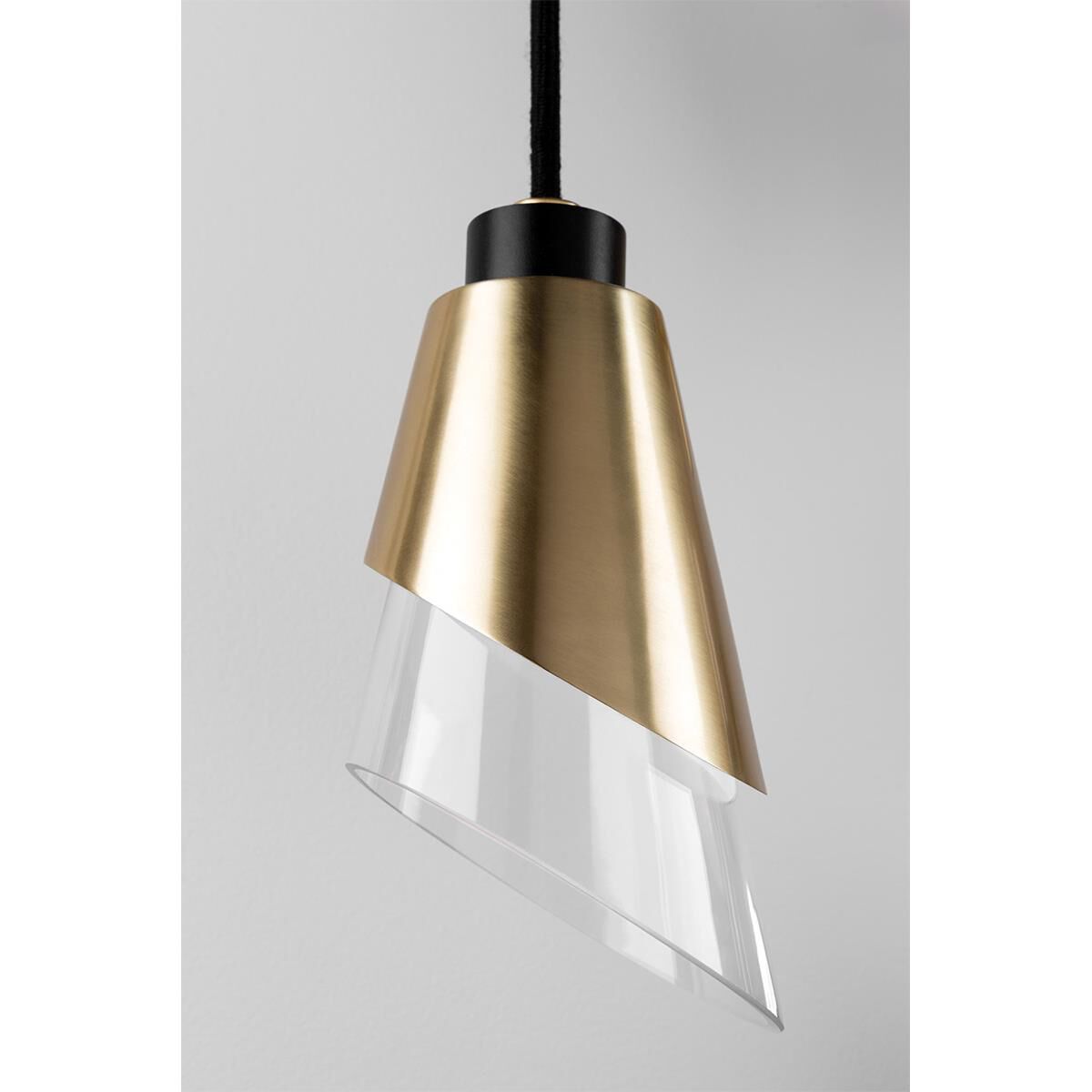 Shown in Aged Brass finish and Opal Etched glass and Black accent