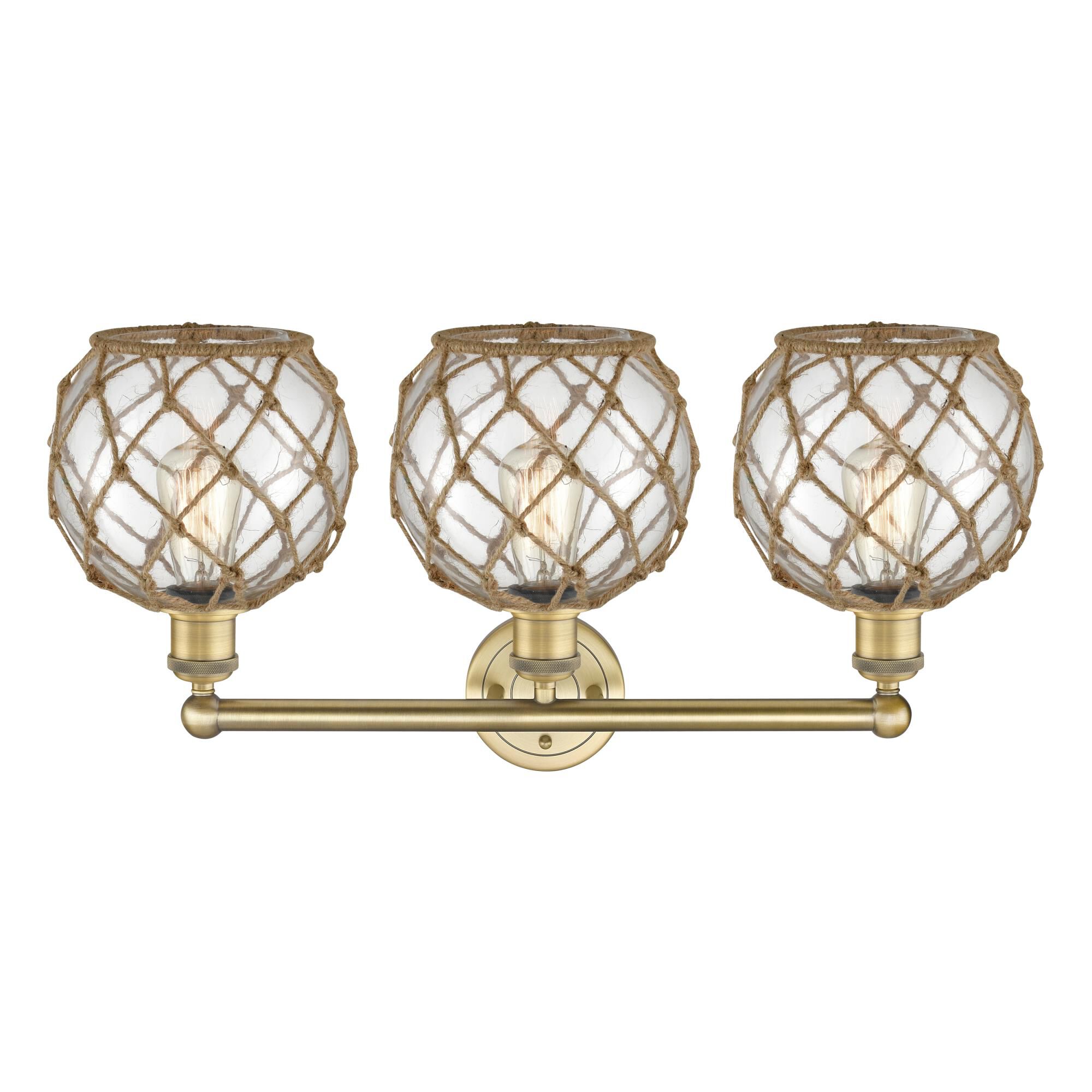 Shown in Brushed Brass finish and Clear with Brown Rope glass