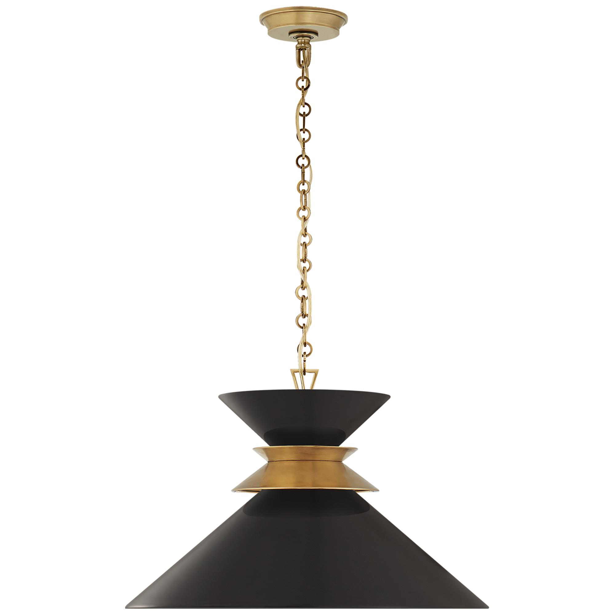 Shown in Antique- Burnished Brass finish and Matte Black shade