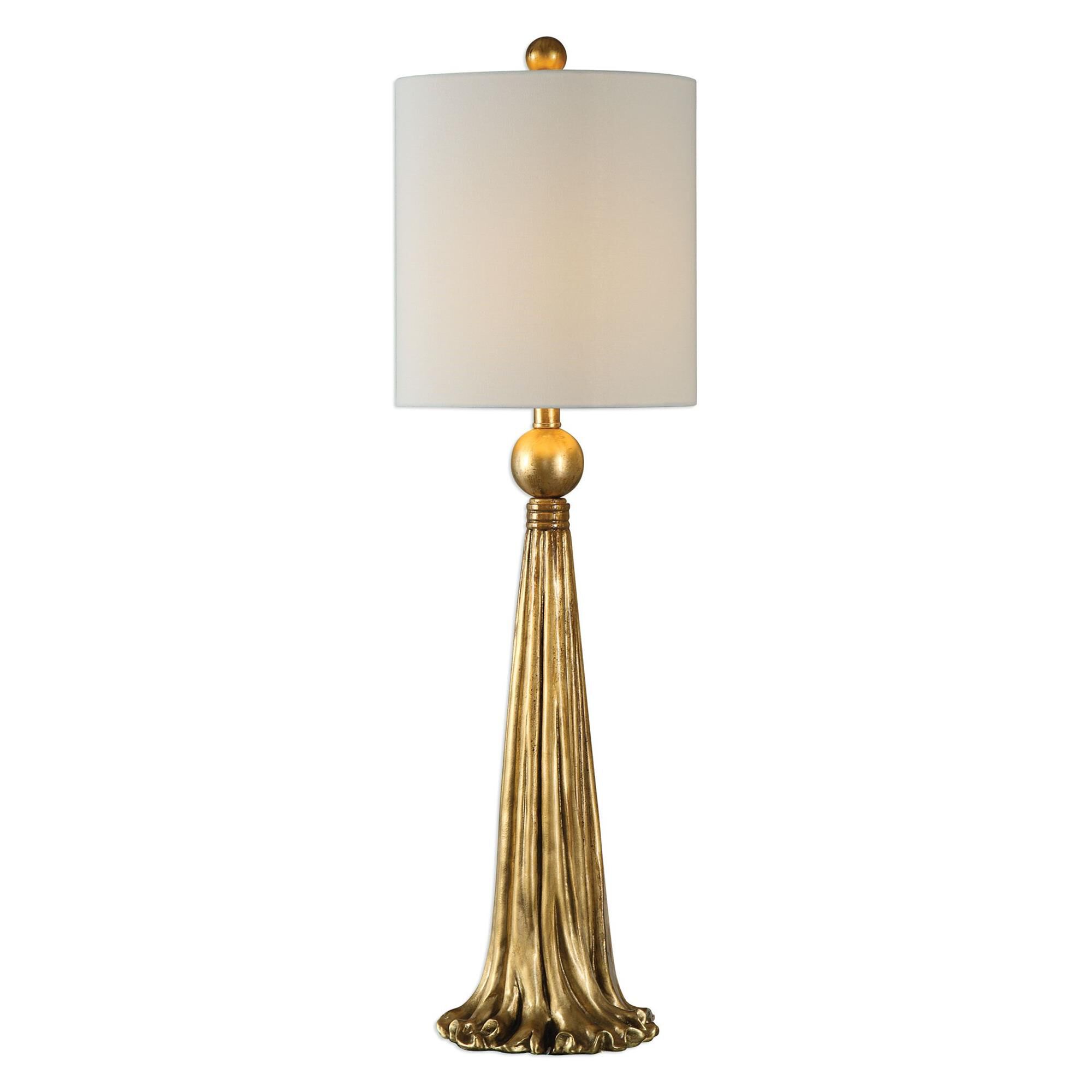 Shown in Heavily Antiqued Metallic Gold finish and White Linen Hardback Fabric shade