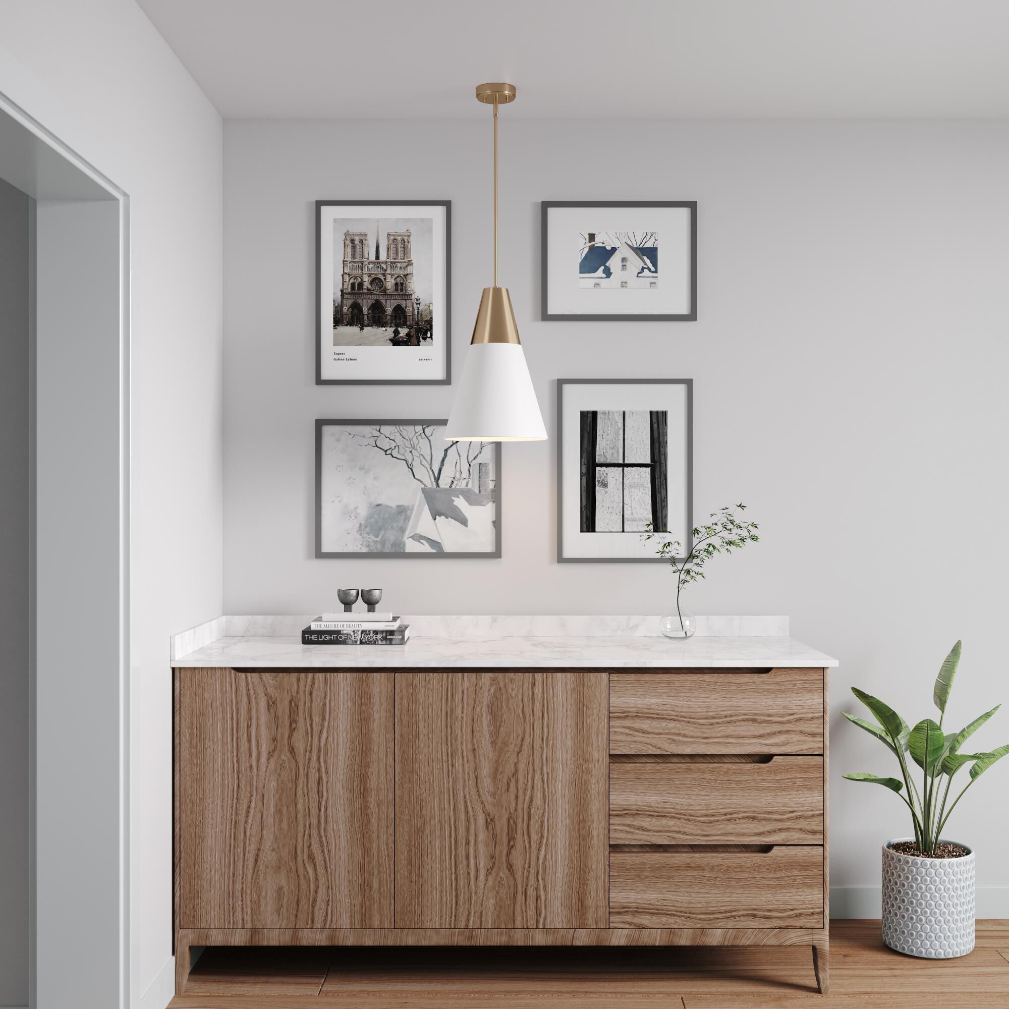 Shown in Matte Black Modern Gold finish and Metal shade