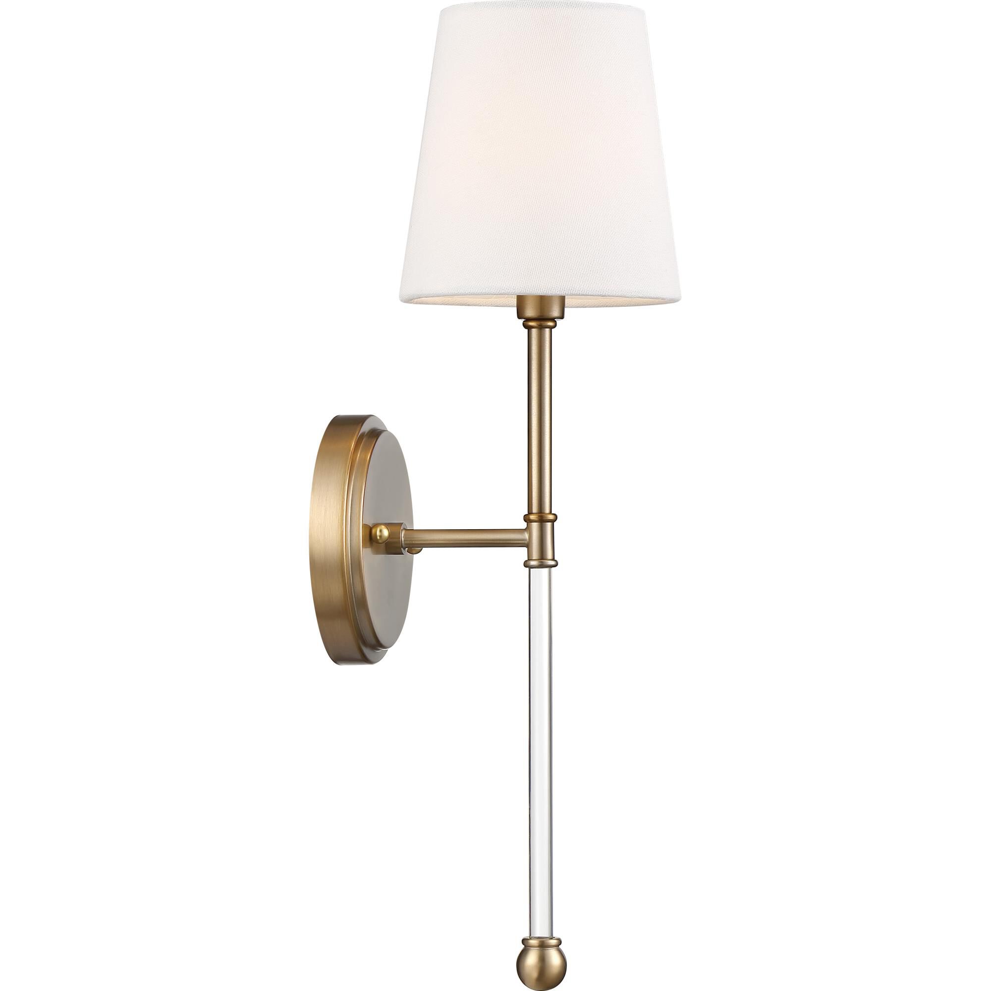 Shown in Burnished Brass finish and White Linen shade