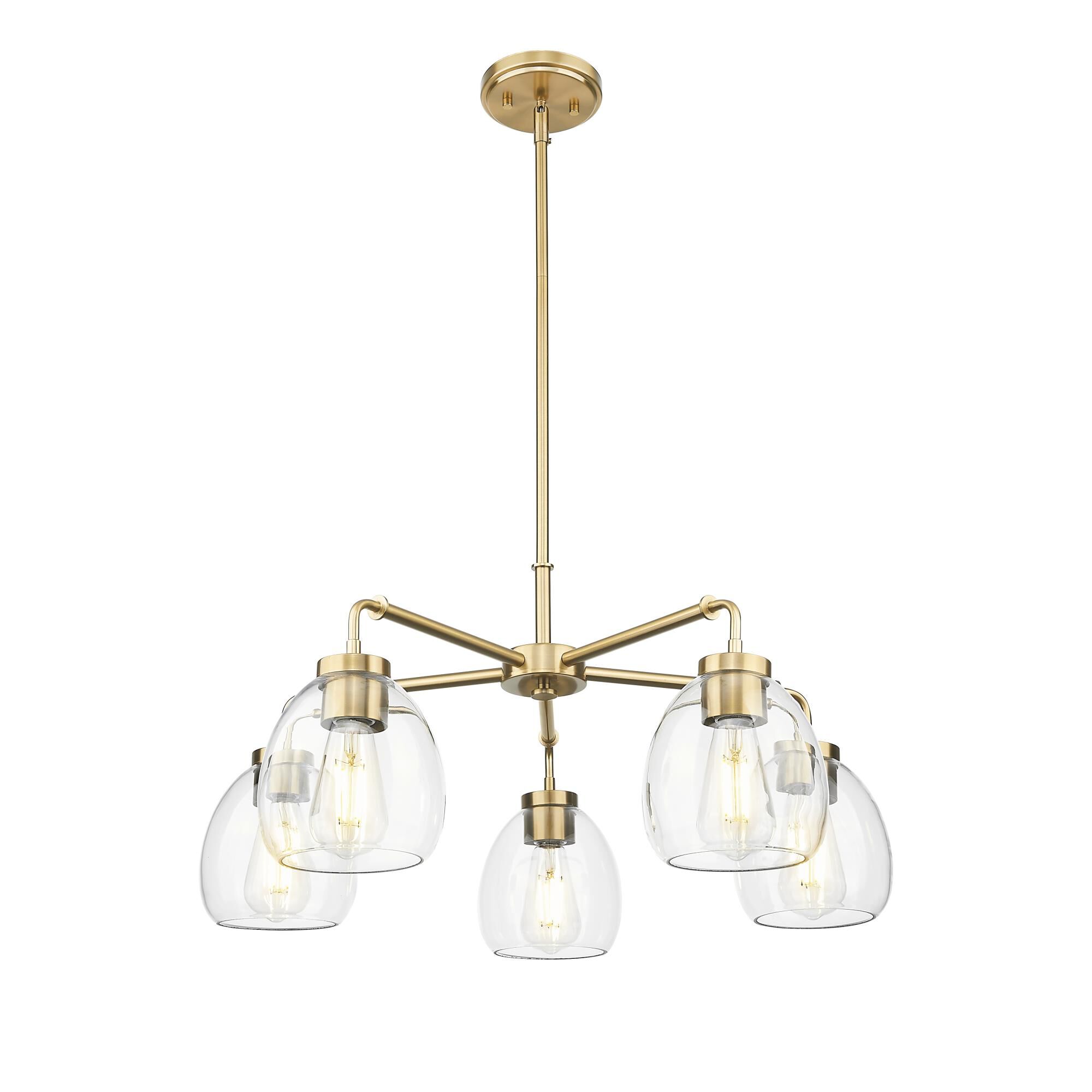 Shown in Brass finish and Clear Glass Globes shade