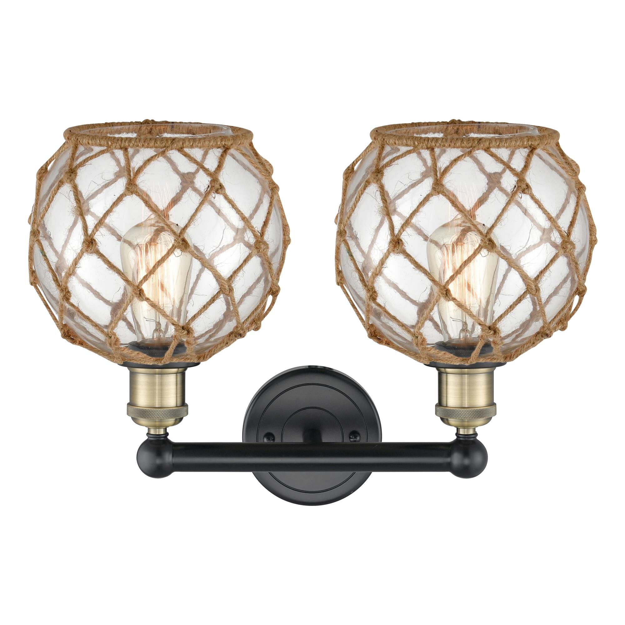 Shown in Black Antique Brass finish and Clear with Brown Rope glass