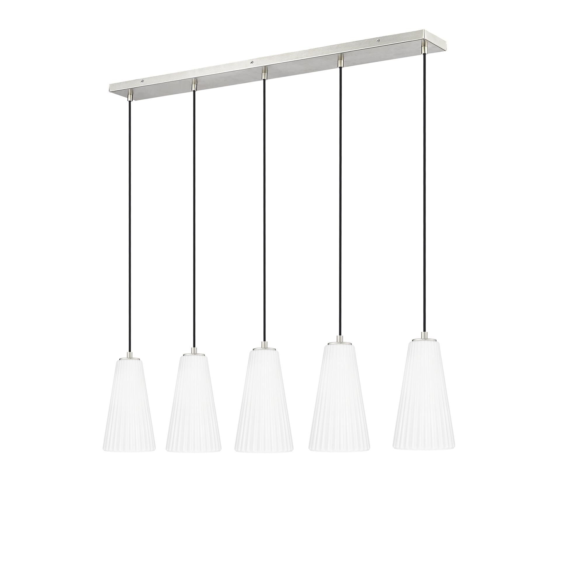 Shown in Brushed Nickel finish and White glass and White shade