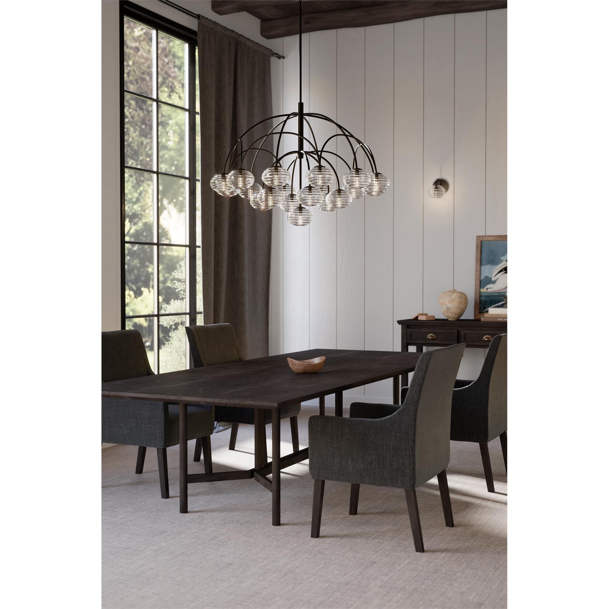 Shown in Dark Bronze finish and Clear Ribbed glass
